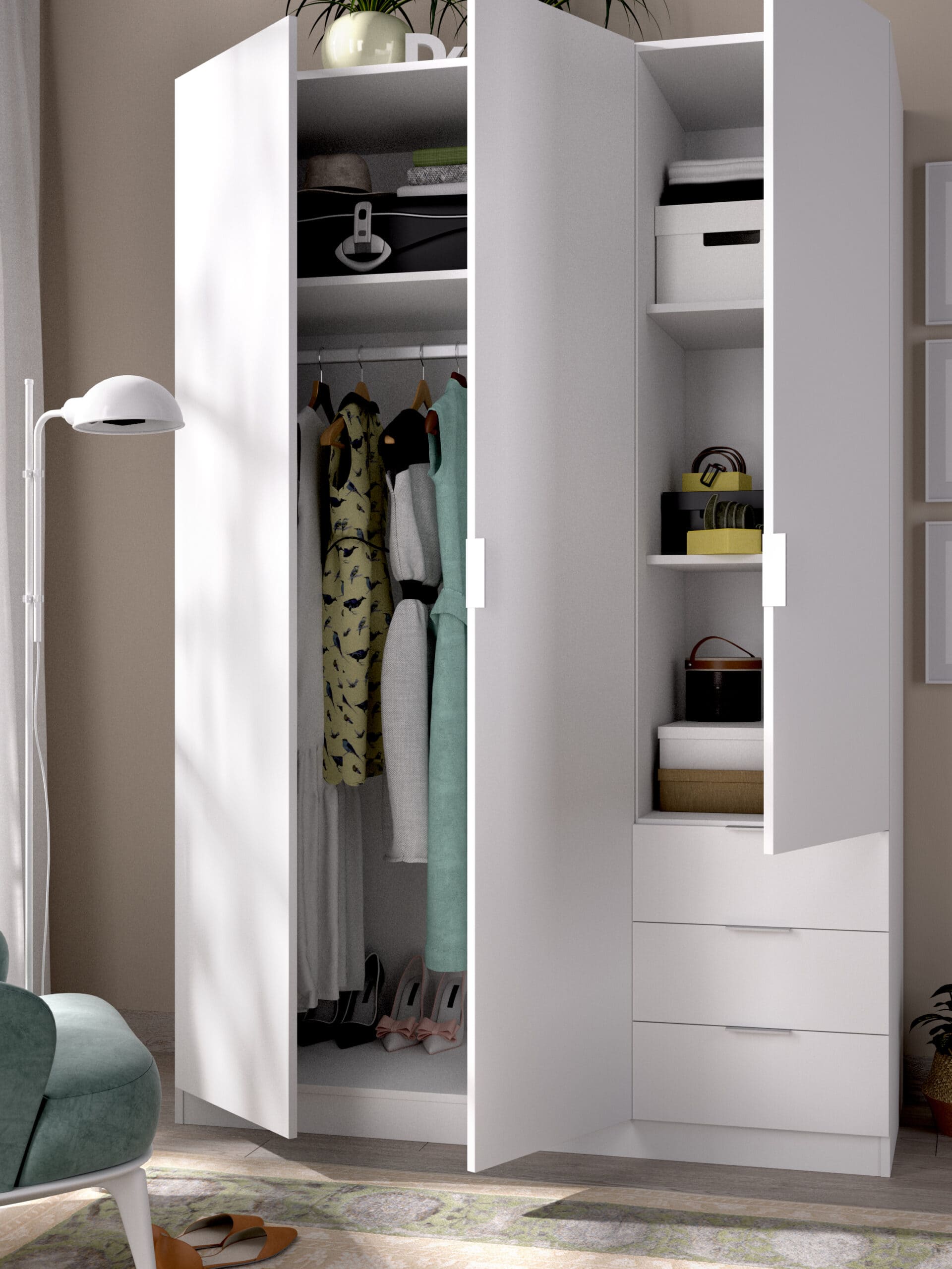 Armario 3 puertas y 3 cajones Essen abierto blanco render - copia