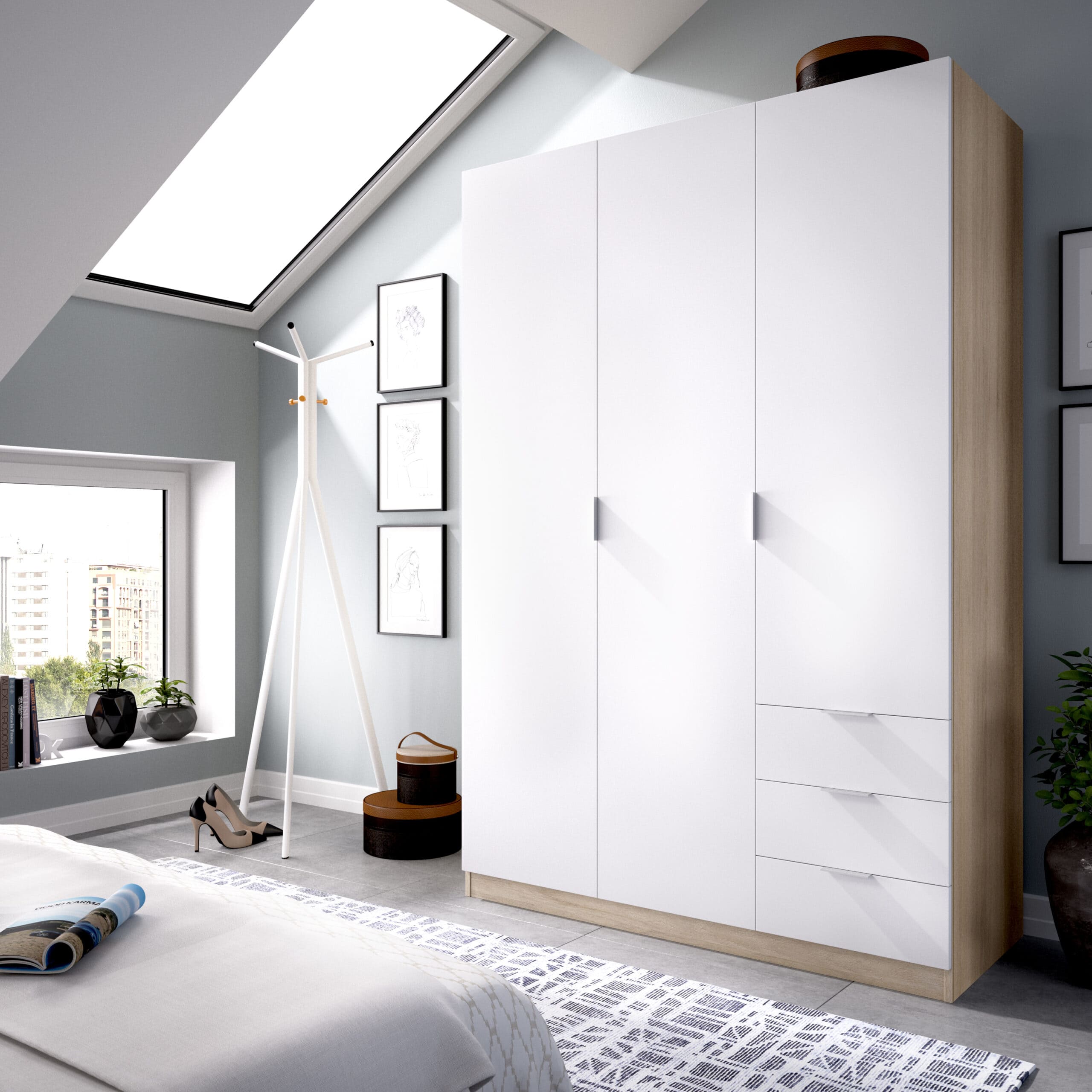 Armario 3 puertas y 3 cajones Essen blanco-roble render