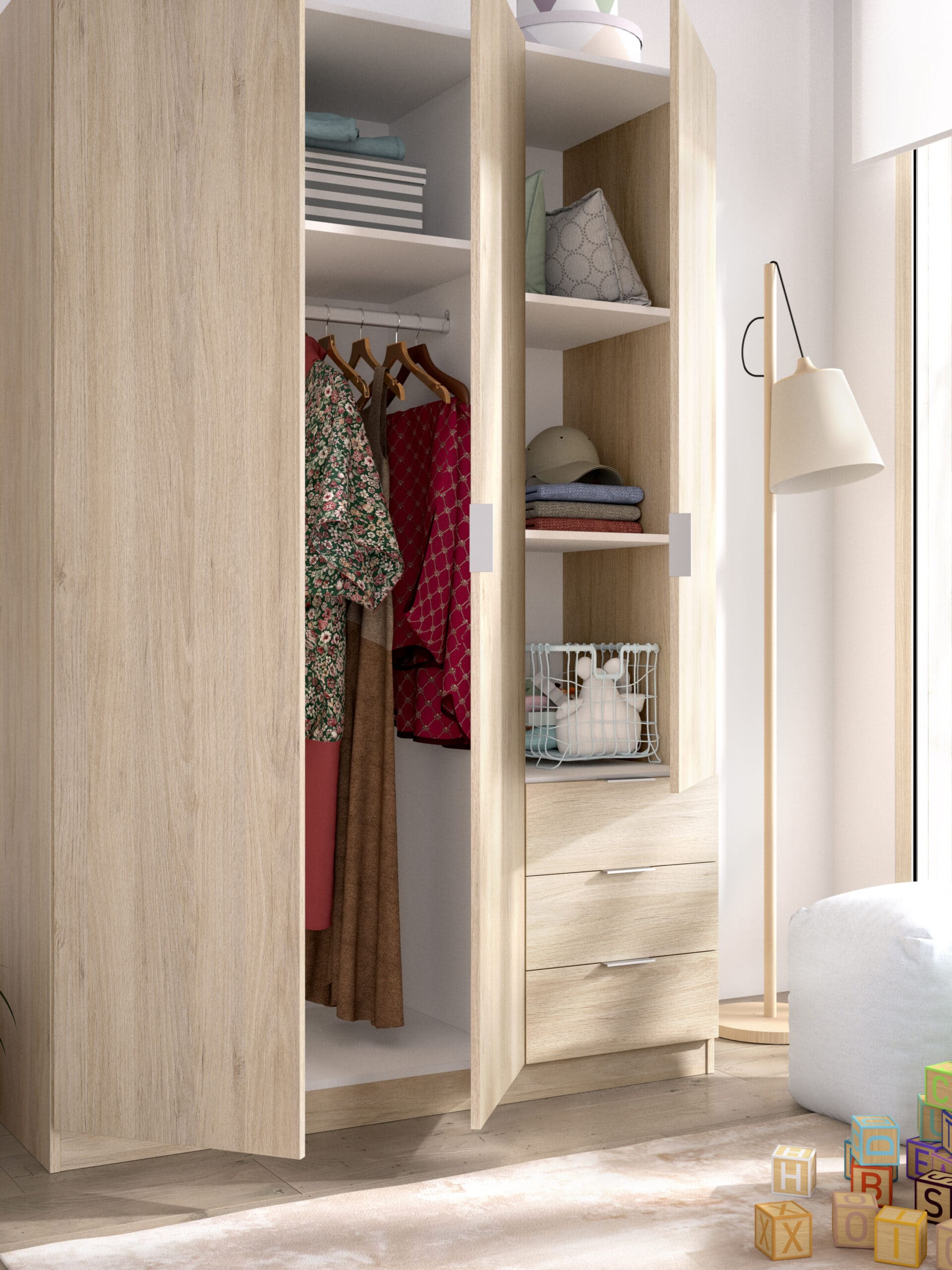 Armario 3 puertas y 3 cajones Essen roble abierto render