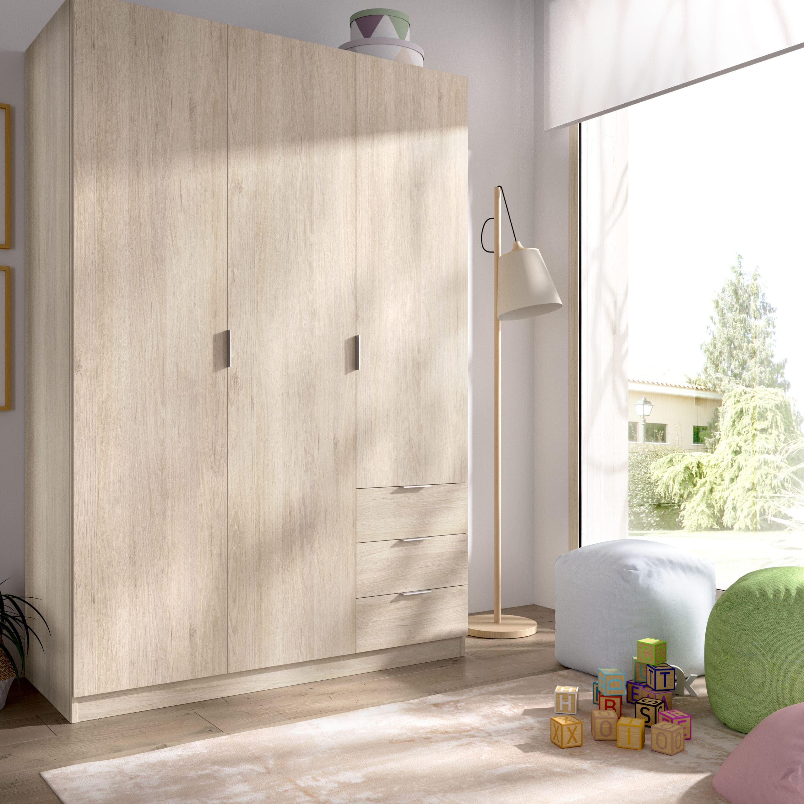 Armario 3 puertas y 3 cajones Essen roble render