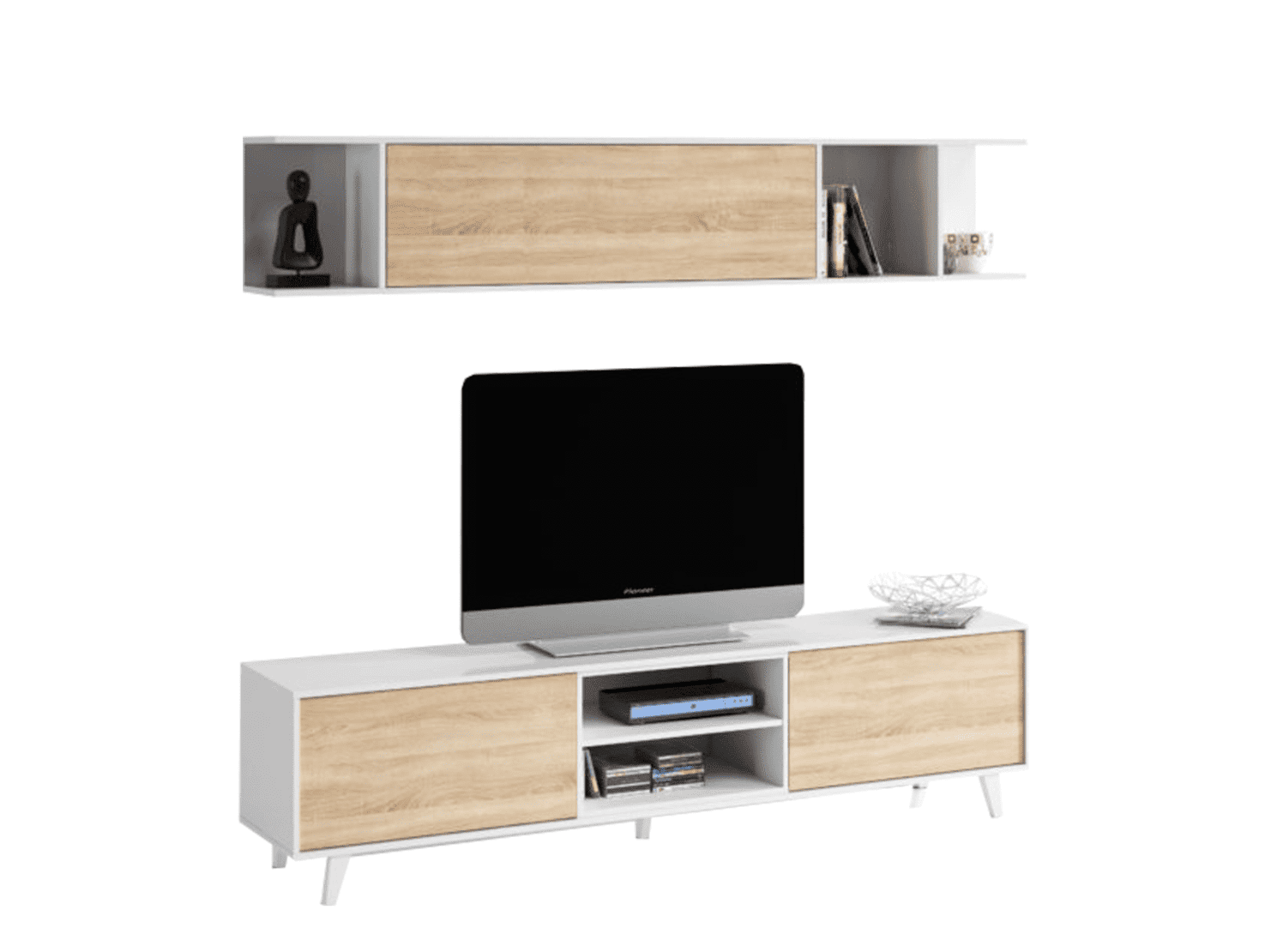 Salón de TV, muestra en un fondo en blanco, con objetso encima