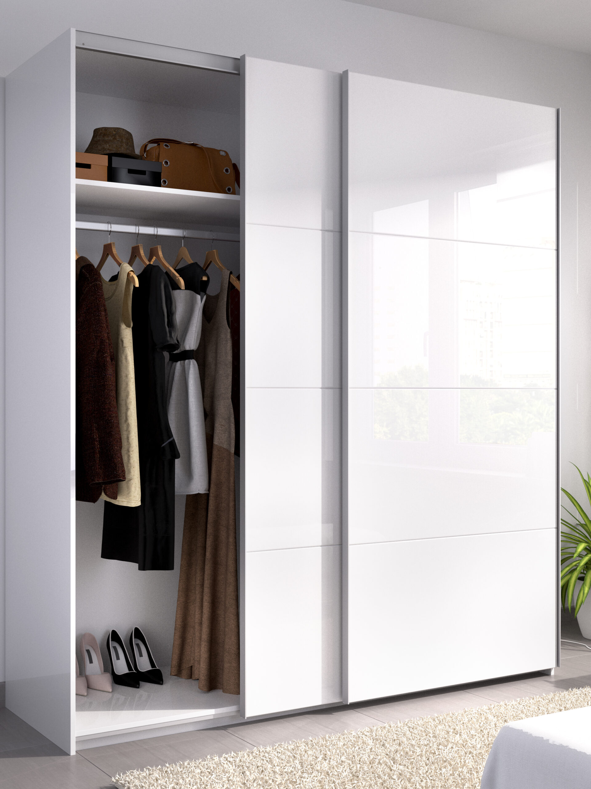 Armario 2 puertas correderas 180 cm Slide – Blanco Brillo abierto render