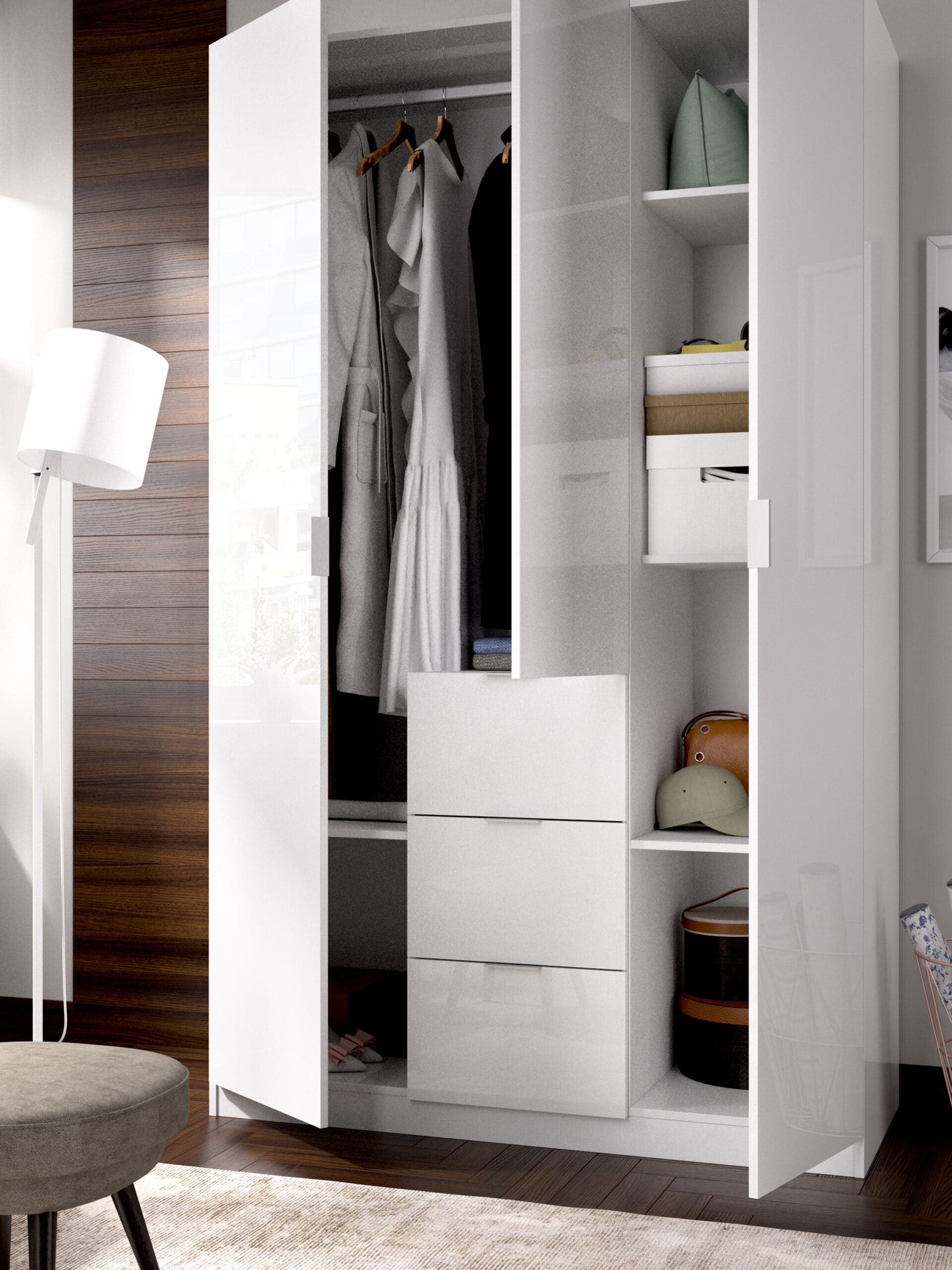 Armario 3 puertas y 3 cajones Essen Blanco render abierto