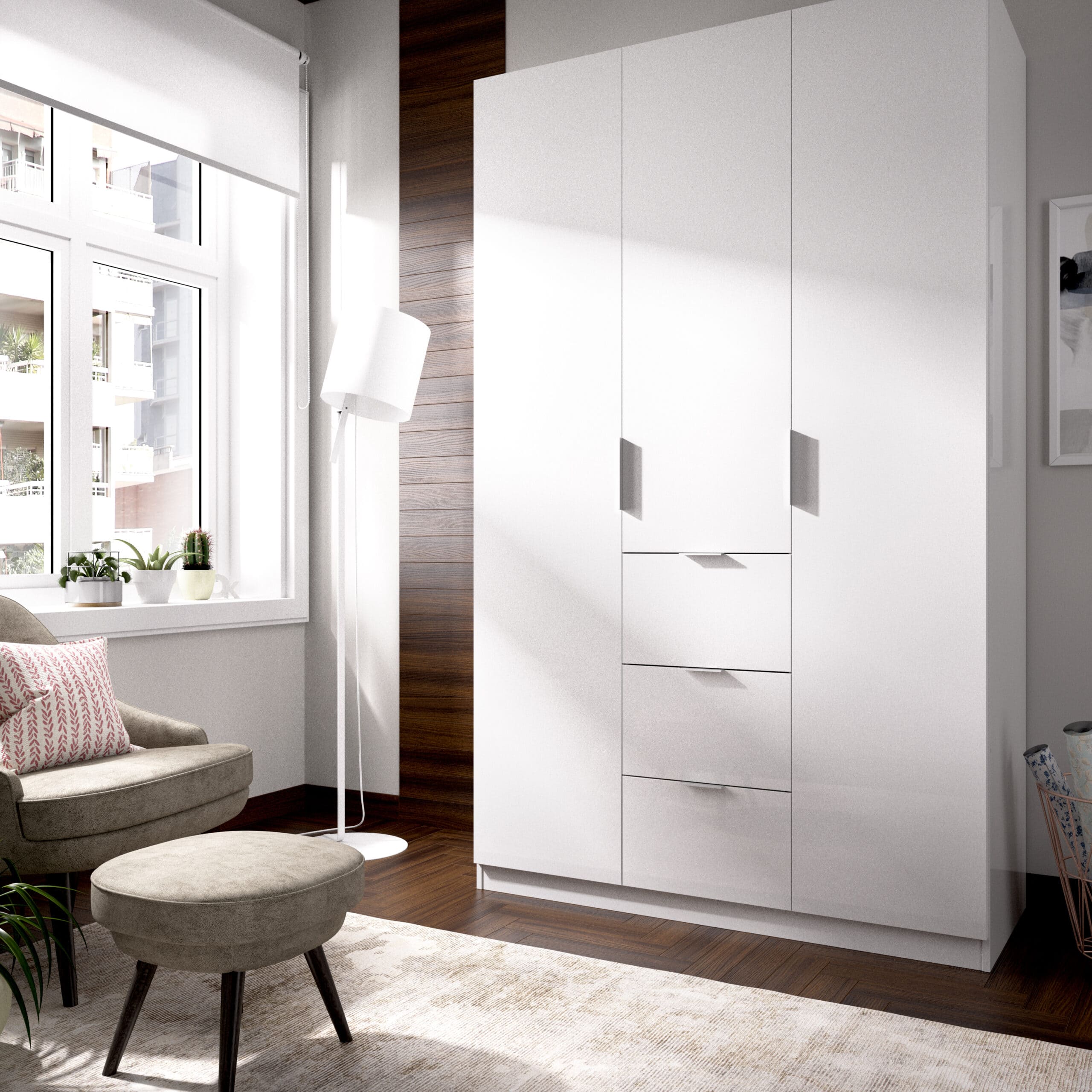 Armario 3 puertas y 3 cajones Essen Blanco render