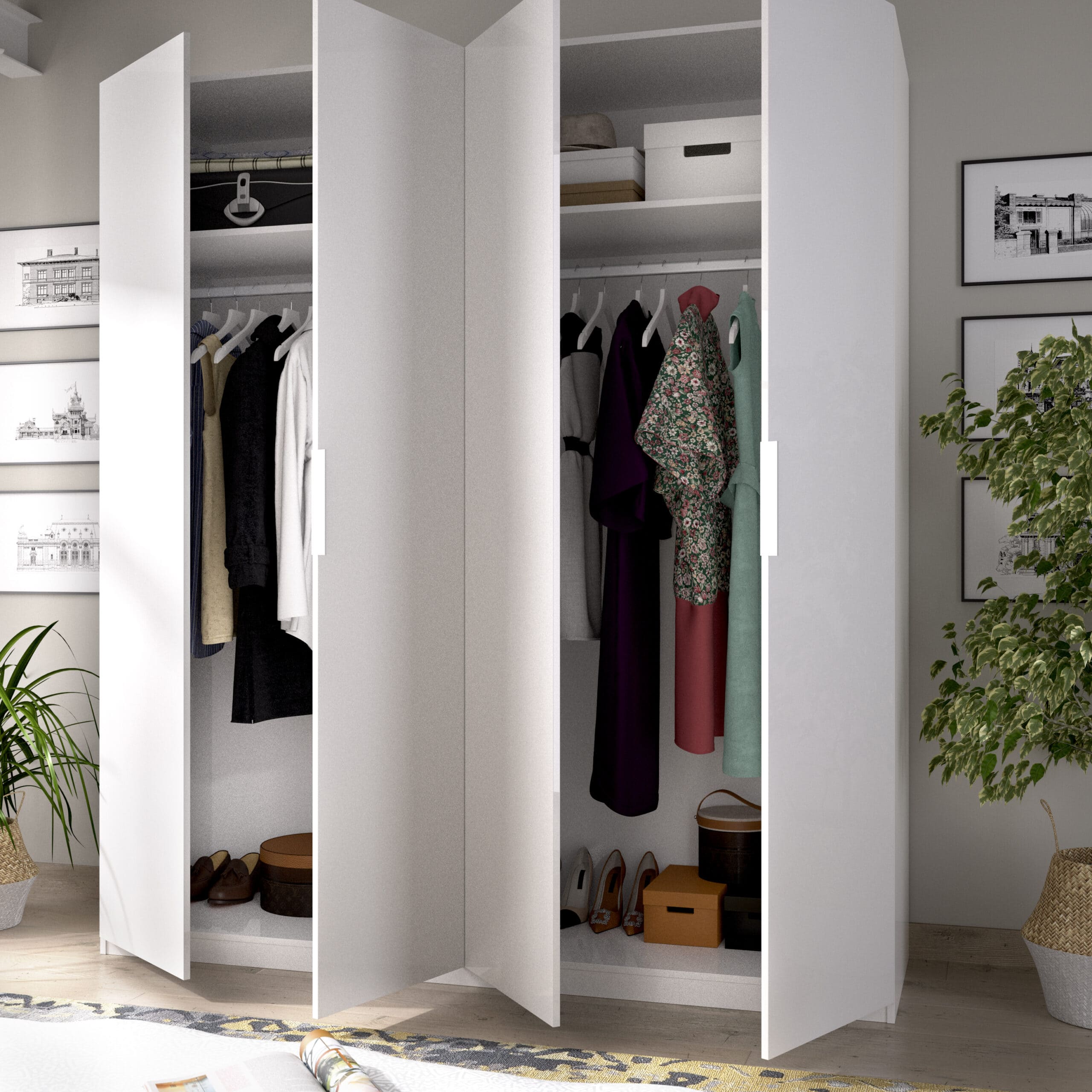 Armario de 4 puertas 180 cm Essen – Blanco Brillo ender abierto