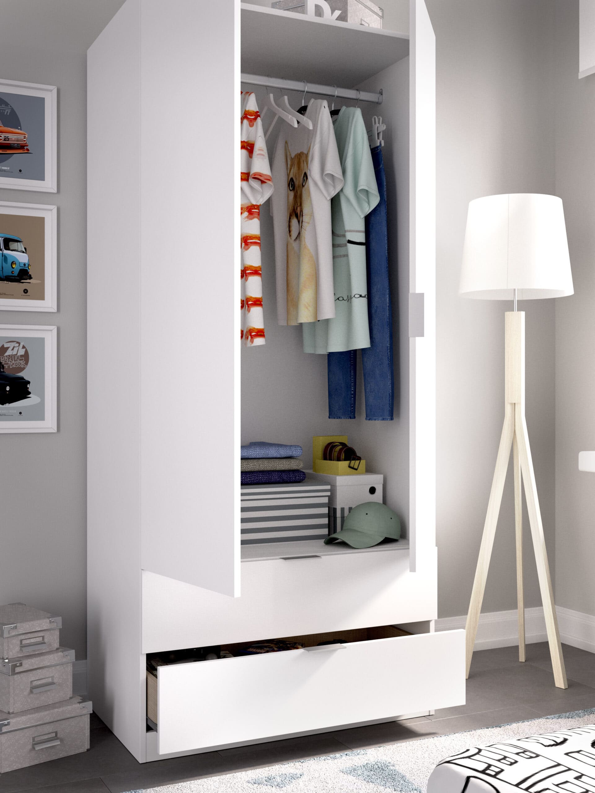 Armario de 80 cm con 2 puertas y 2 cajones Essen Blanco abierto render