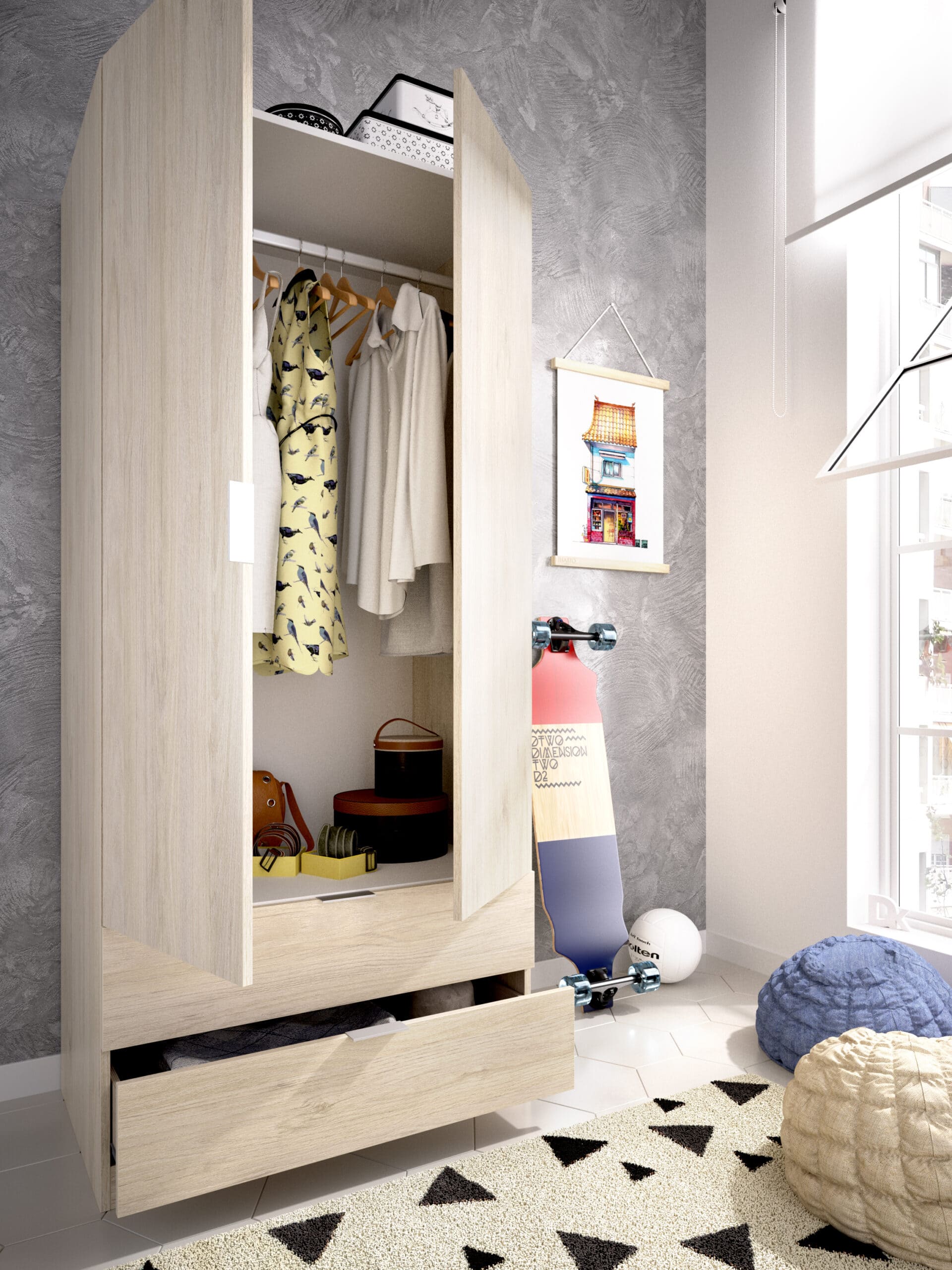 Armario de 80 cm con 2 puertas y 2 cajones Essen Roble abierto render