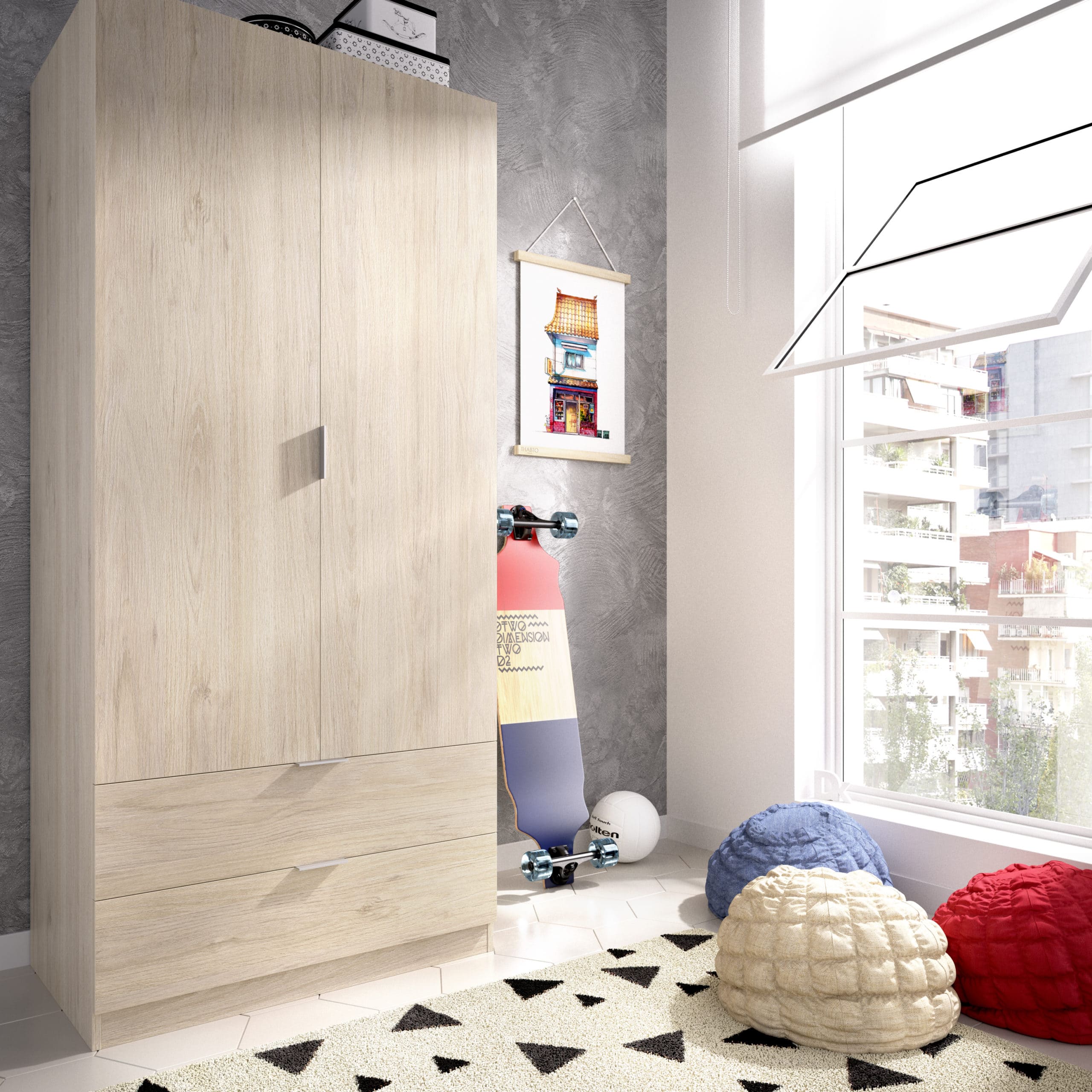 Armario de 80 cm con 2 puertas y 2 cajones Essen Roble render