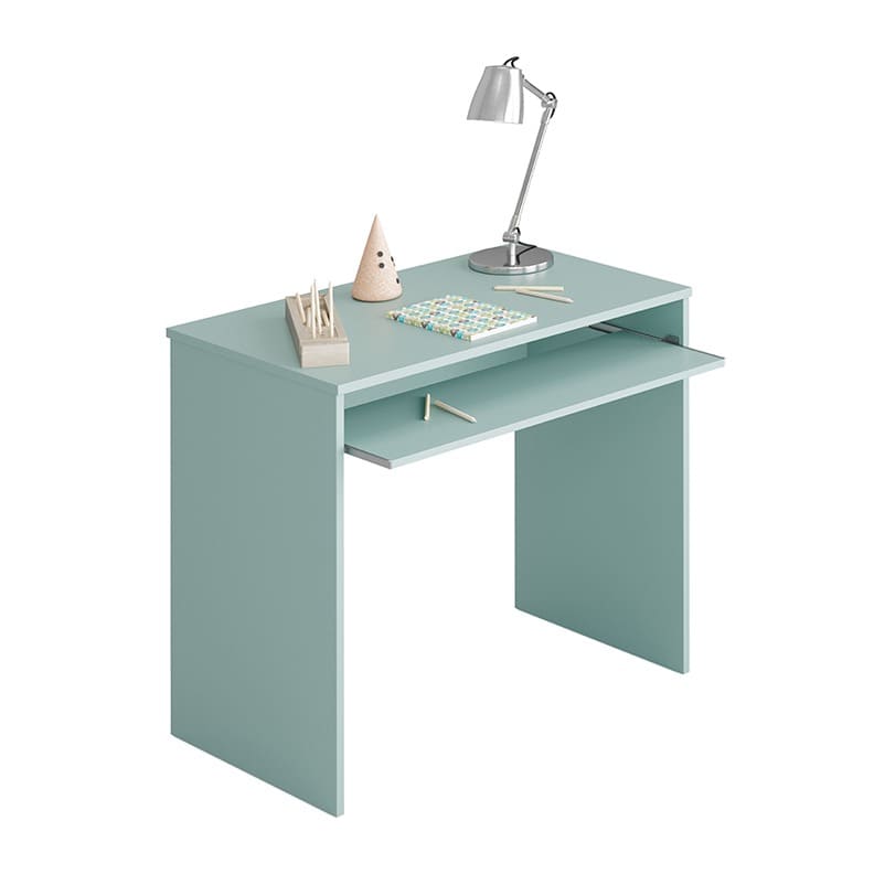 Mesa de escritorio color verde, en un fondo blanco con objetos encima.