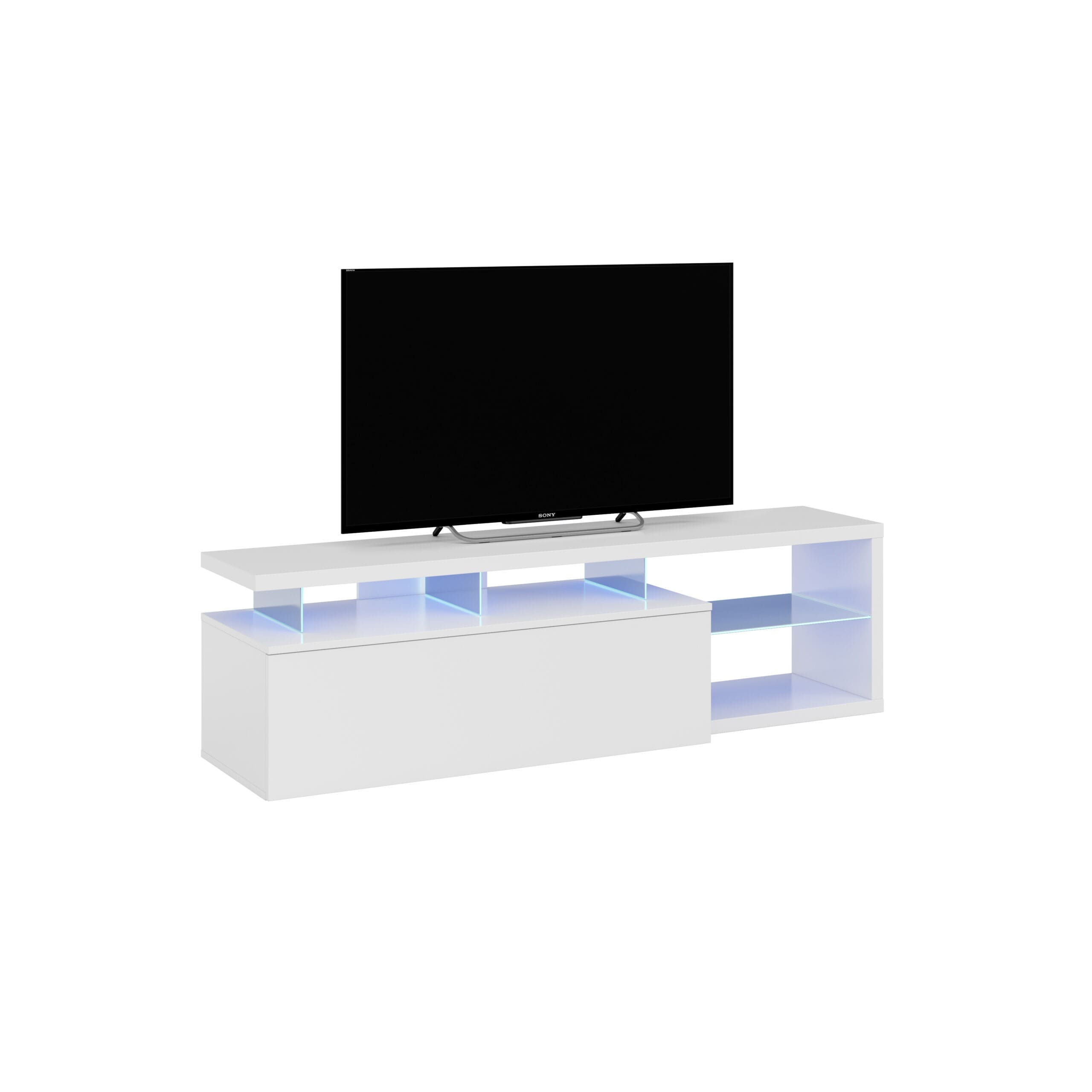Mueble TV con luces Led Blanco, con una tv encima y con las luces led encendidas en un fondo blanco.