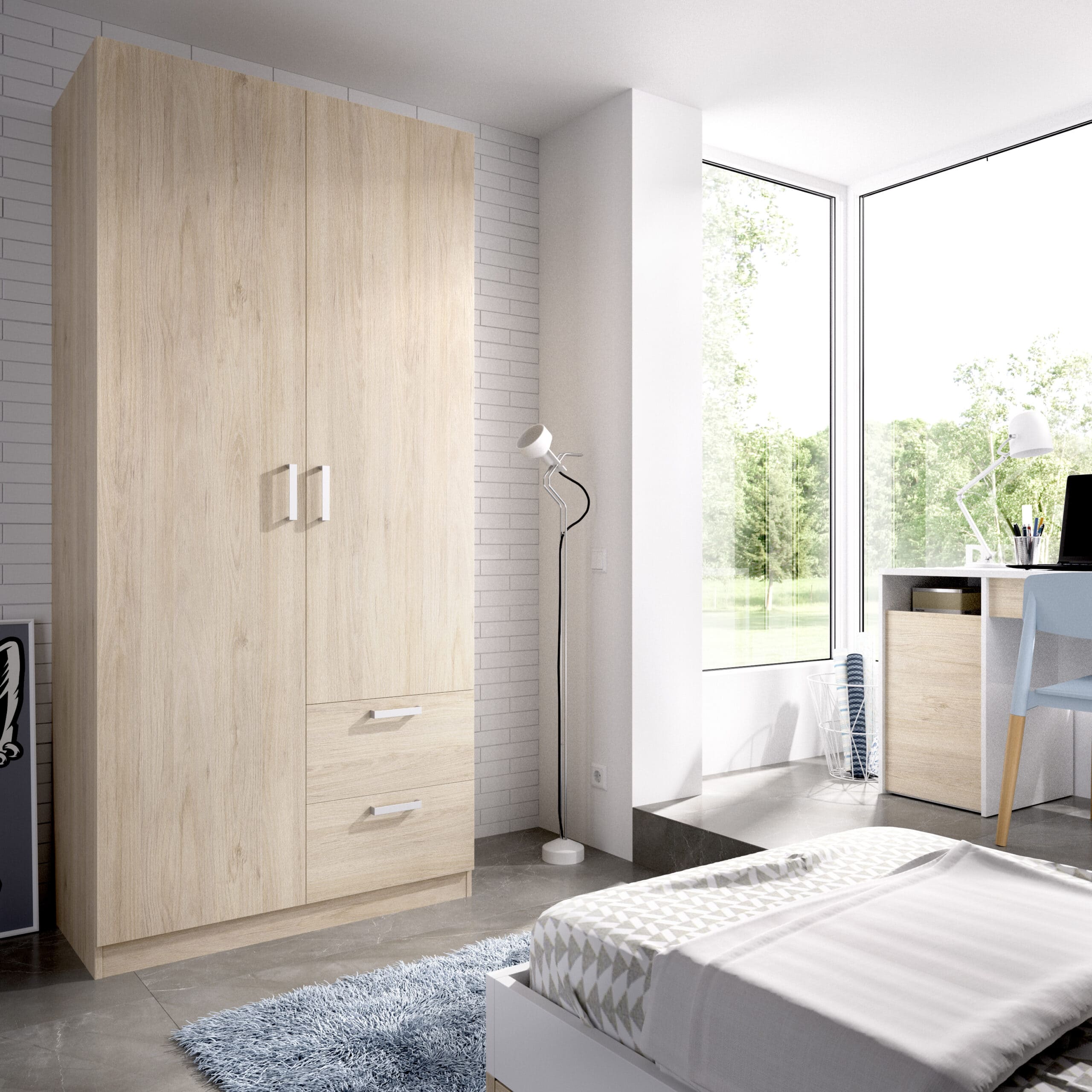 Armario de 2 puertas y 2 cajones Maxi roble render