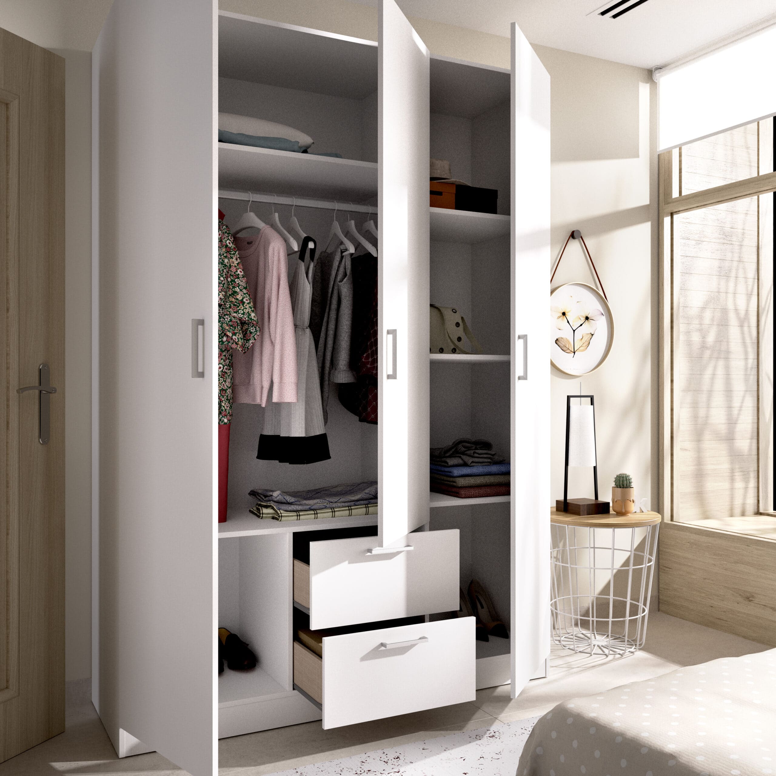 Armario de 3 puertas y 2 cajones Maxi abierto render
