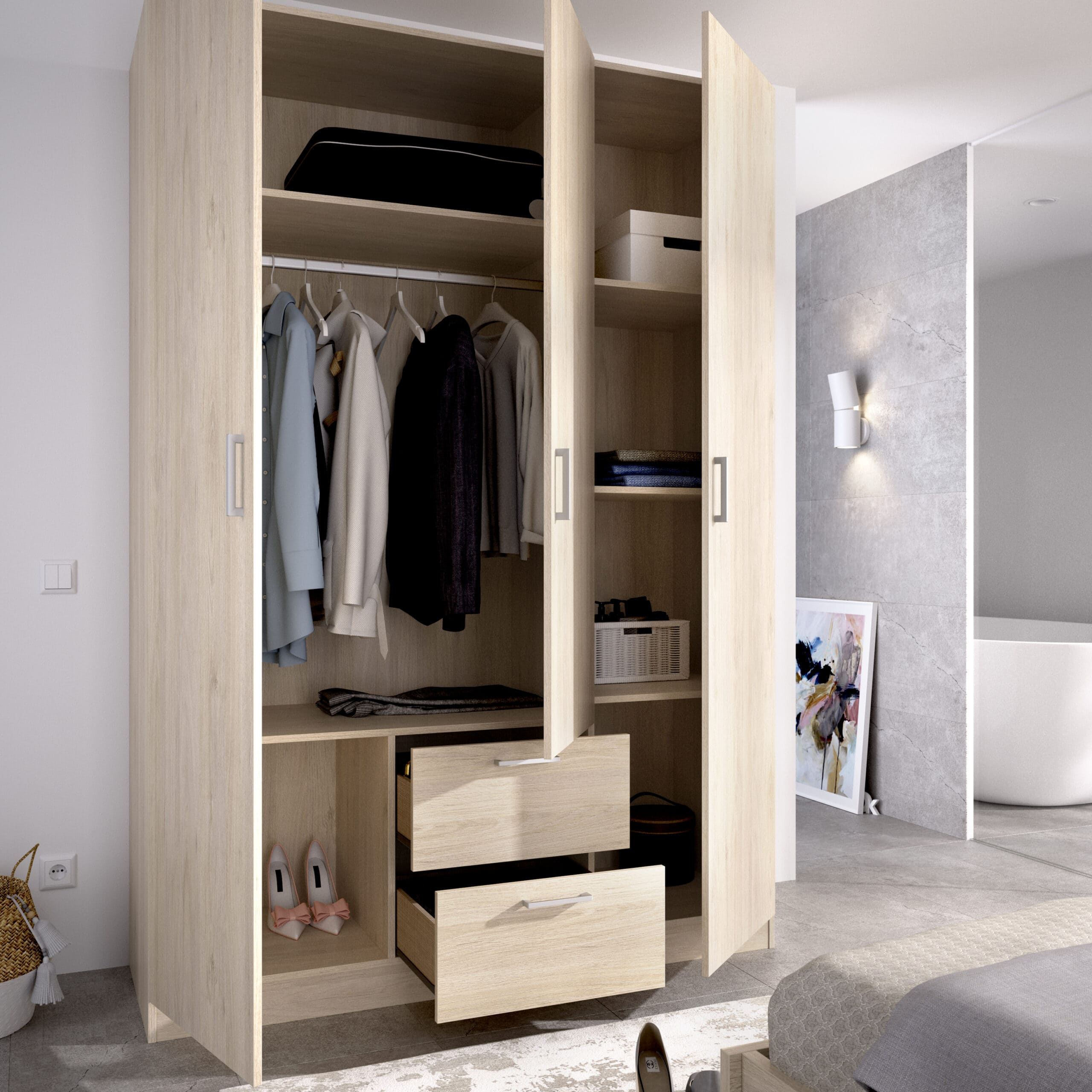 Armario de 3 puertas y 2 cajones Maxi roble abierto render
