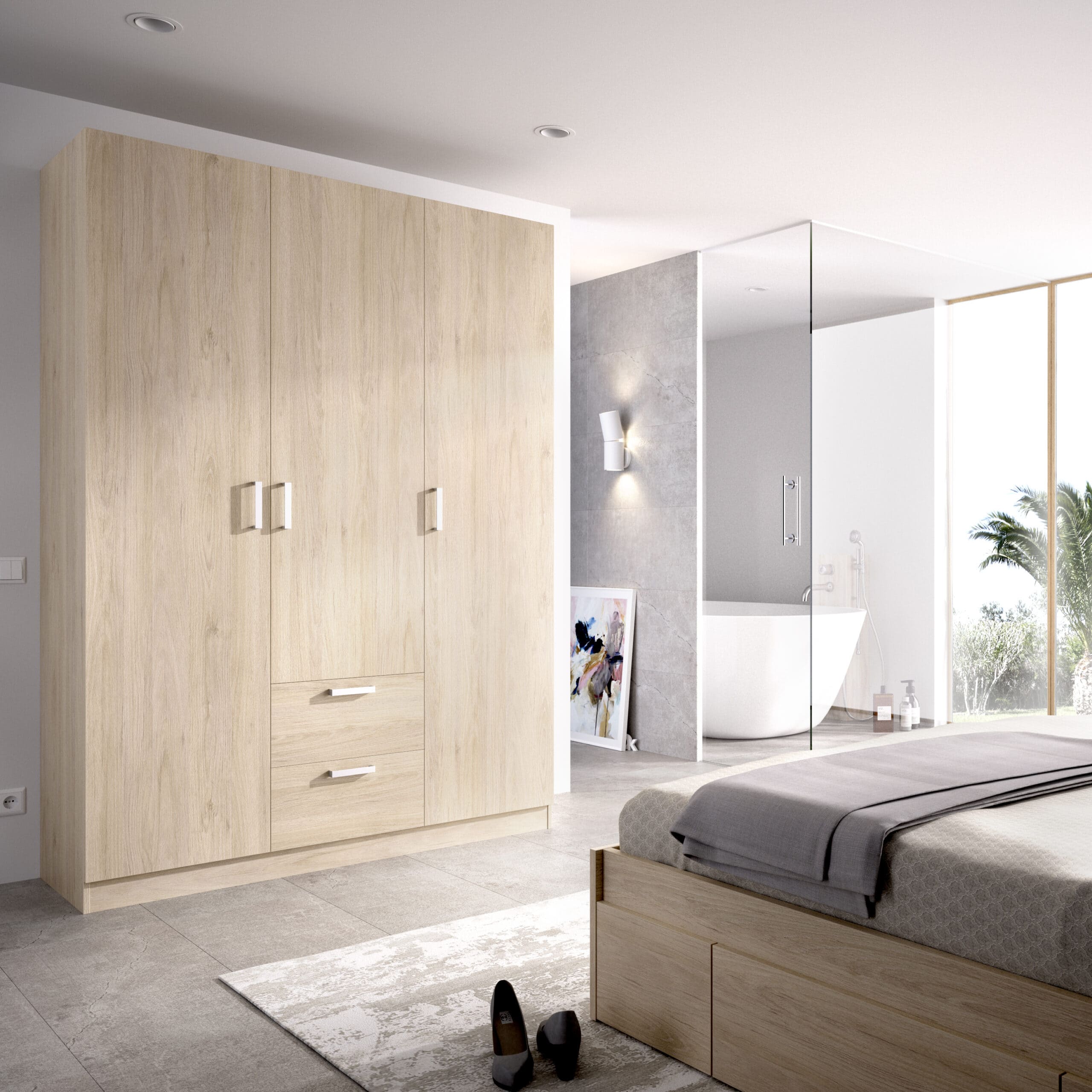 Armario de 3 puertas y 2 cajones Maxi roble render