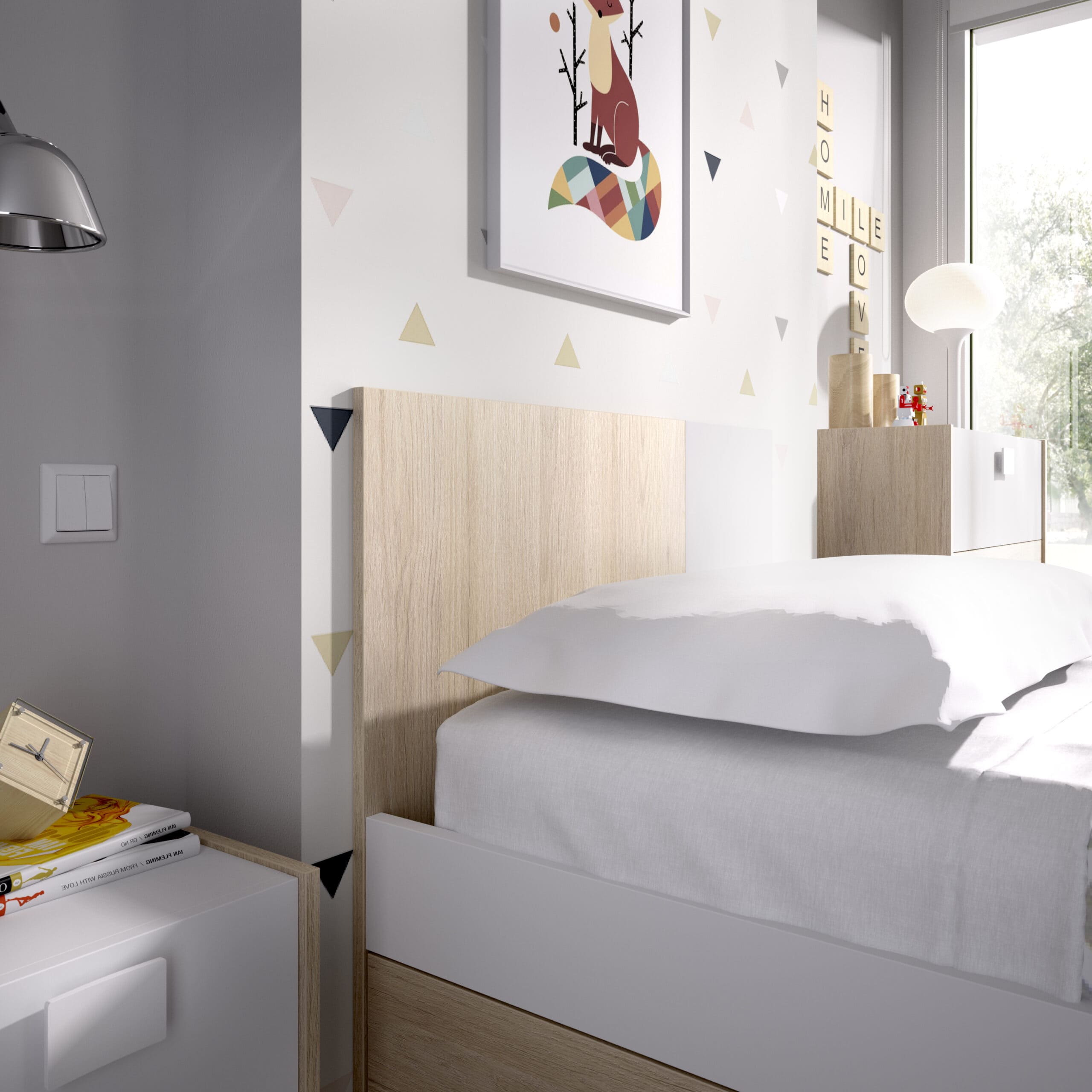 Cama juvenil Dina – Natural y Blanco, somier y colchon cabecero incluido