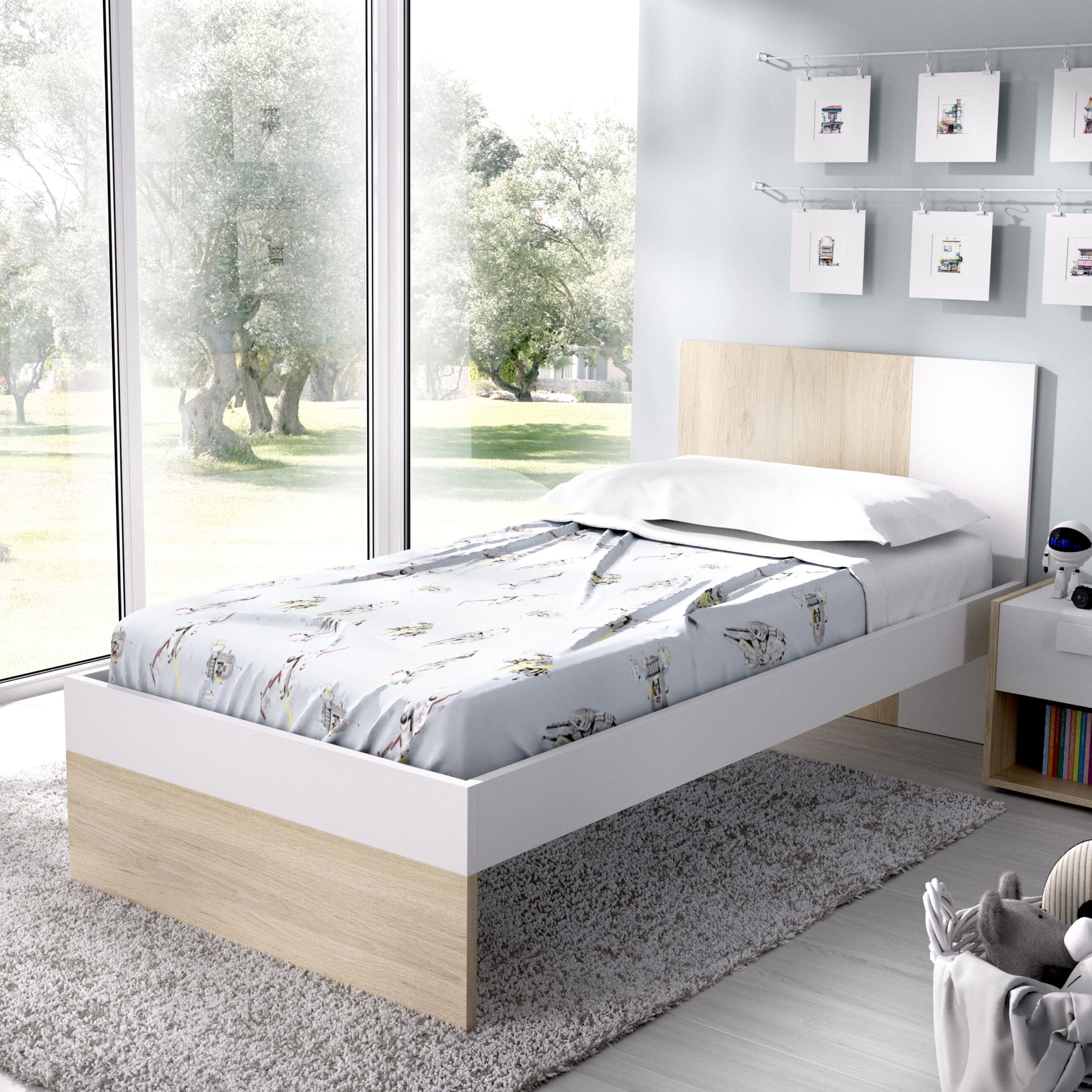 Cama juvenil Dina – Natural y Blanco, somier y colchon con cabecero incluido pikolin due home atrapamuebles render