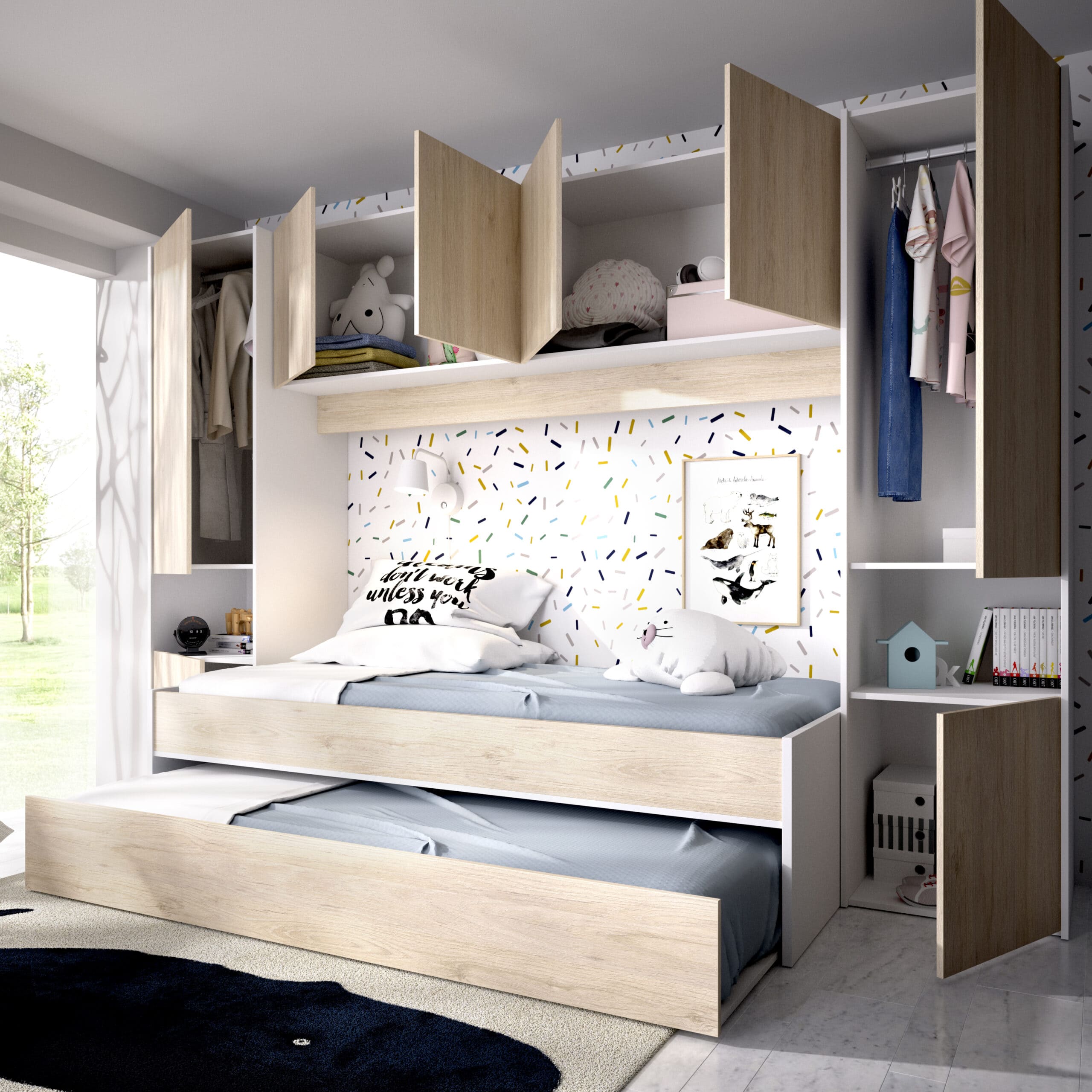 Cama nido Kwai – Blanco y Roble Natural domitorio completo juvenil armario, 2 camas, colchones, atrapamuebles, due home, almacenamiento integral abierto render