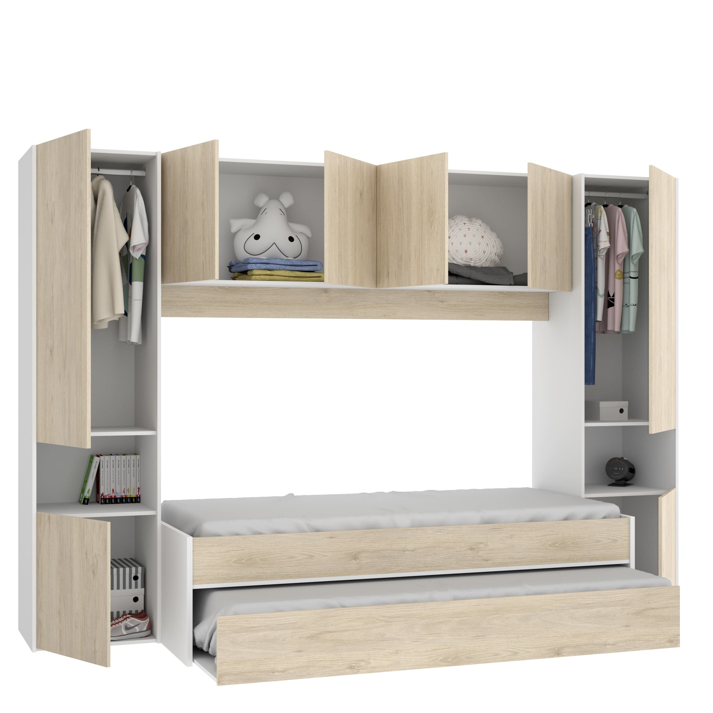 Cama nido Kwai – Blanco y Roble Natural domitorio completo juvenil armario, 2 camas, colchones, atrapamuebles, due home, almacenamiento integral abierto
