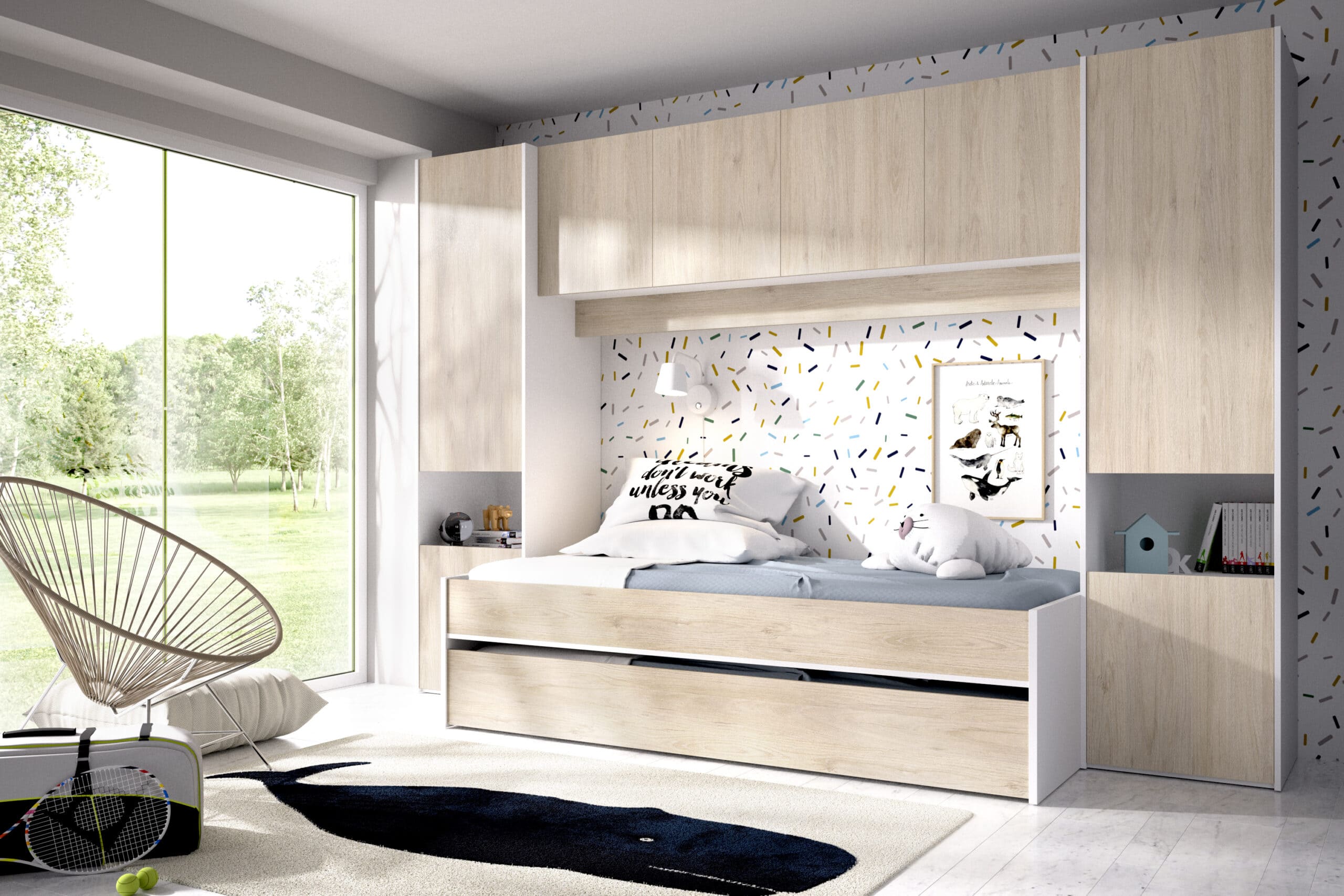 Cama nido Kwai – Blanco y Roble Natural domitorio completo juvenil armario, 2 camas, colchones, atrapamuebles, due home, almacenamiento integral render