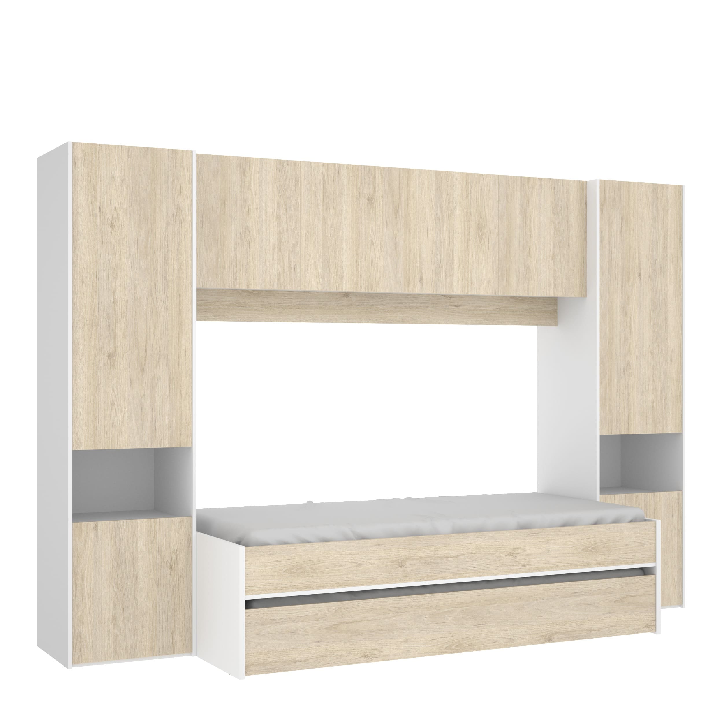 Cama nido Kwai – Blanco y Roble Natural domitorio completo juvenil armario, 2 camas, colchones, atrapamuebles, due home, almacenamiento integral