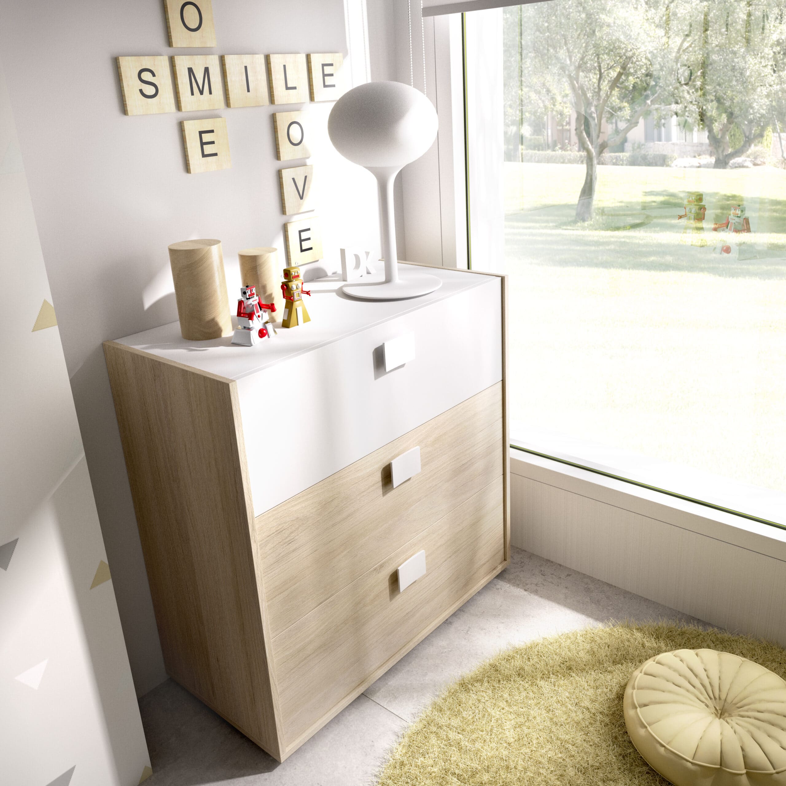 Cómoda con 3 cajones Dina - Natural y Blanco almacenamiento, muebles baratos, atrapamuebles, due home, cajones, dormitorio render 1