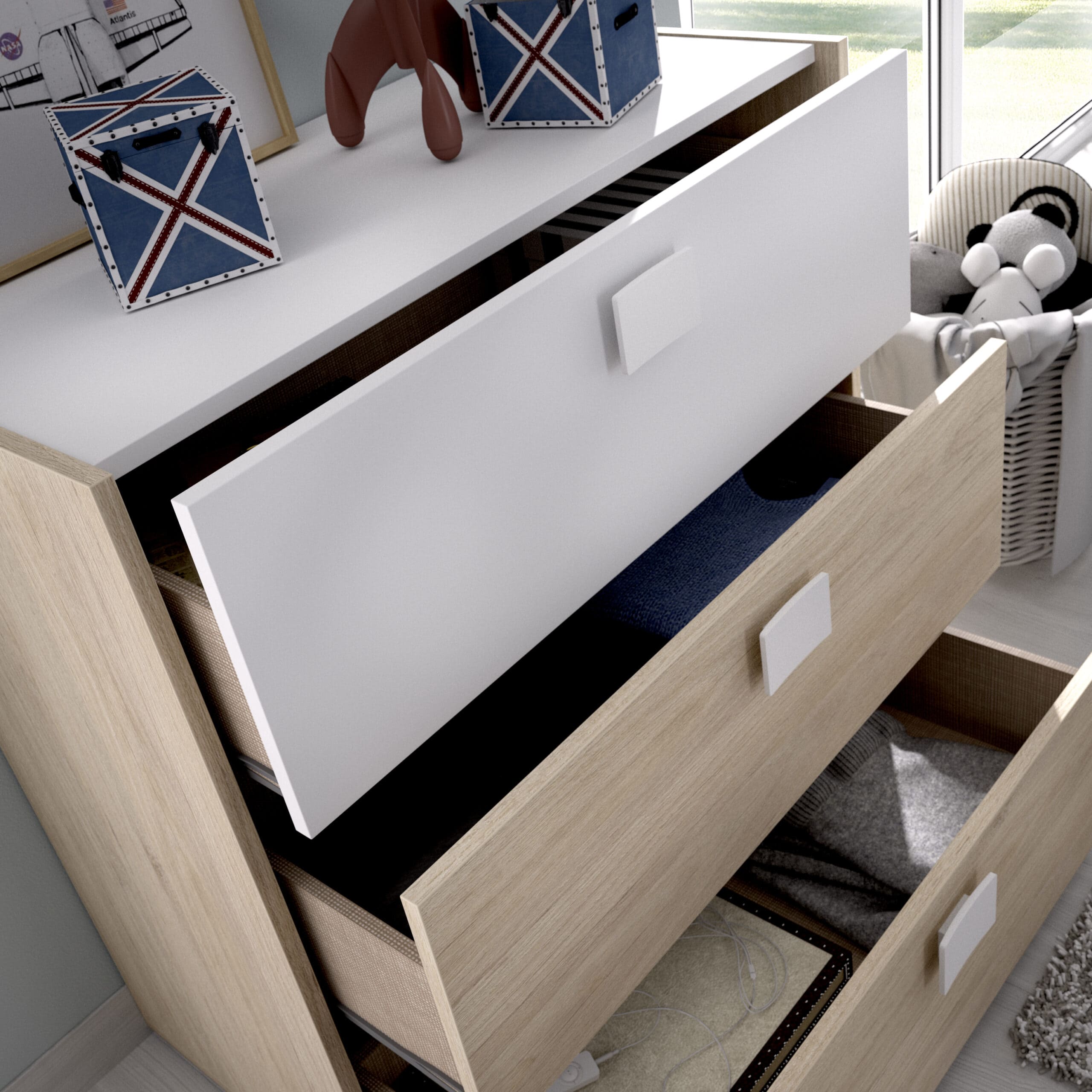 Cómoda con 3 cajones Dina - Natural y Blanco almacenamiento, muebles baratos, atrapamuebles, due home, cajones, dormitorio render abierto 1