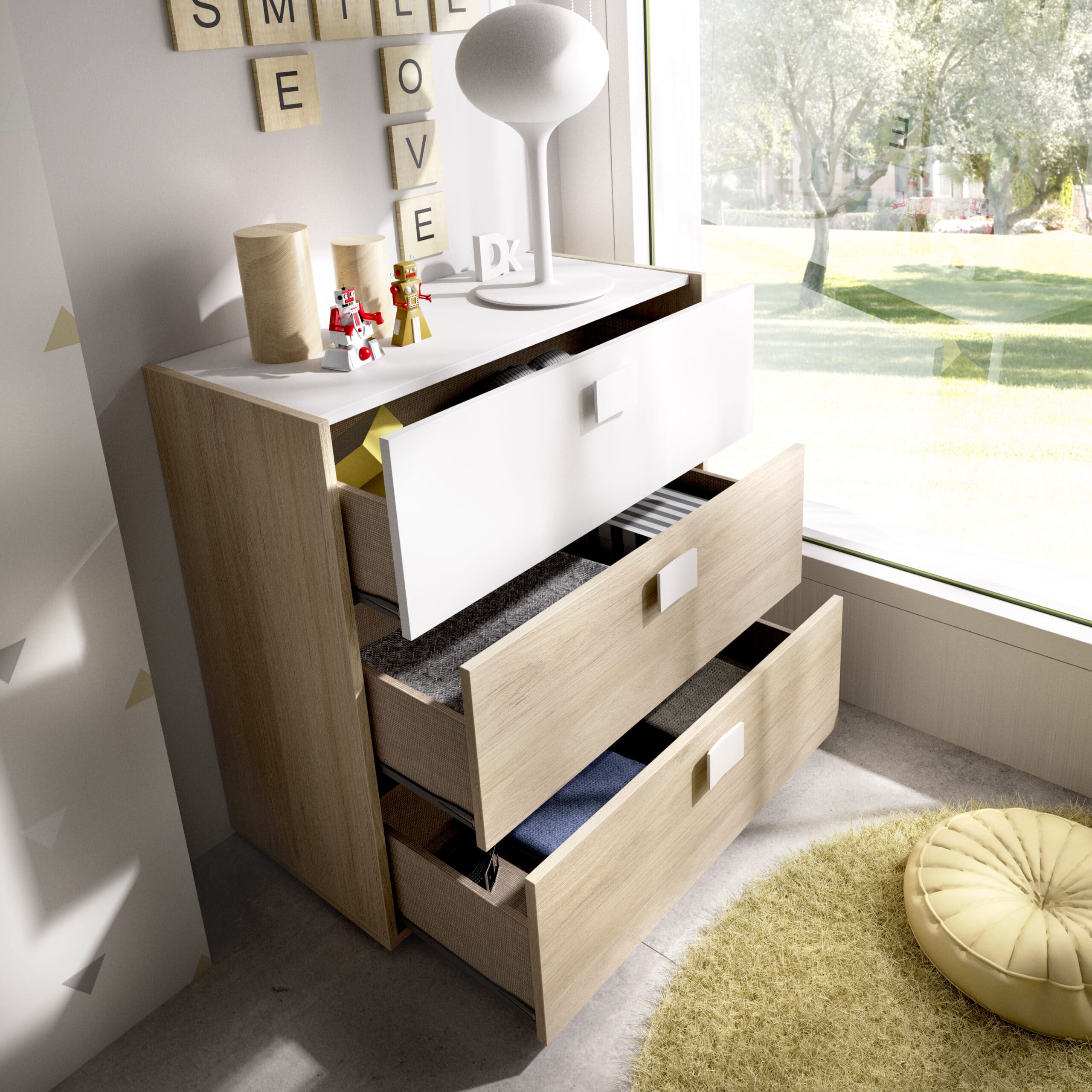 Cómoda con 3 cajones Dina - Natural y Blanco almacenamiento, muebles baratos, atrapamuebles, due home, cajones, dormitorio render abierto