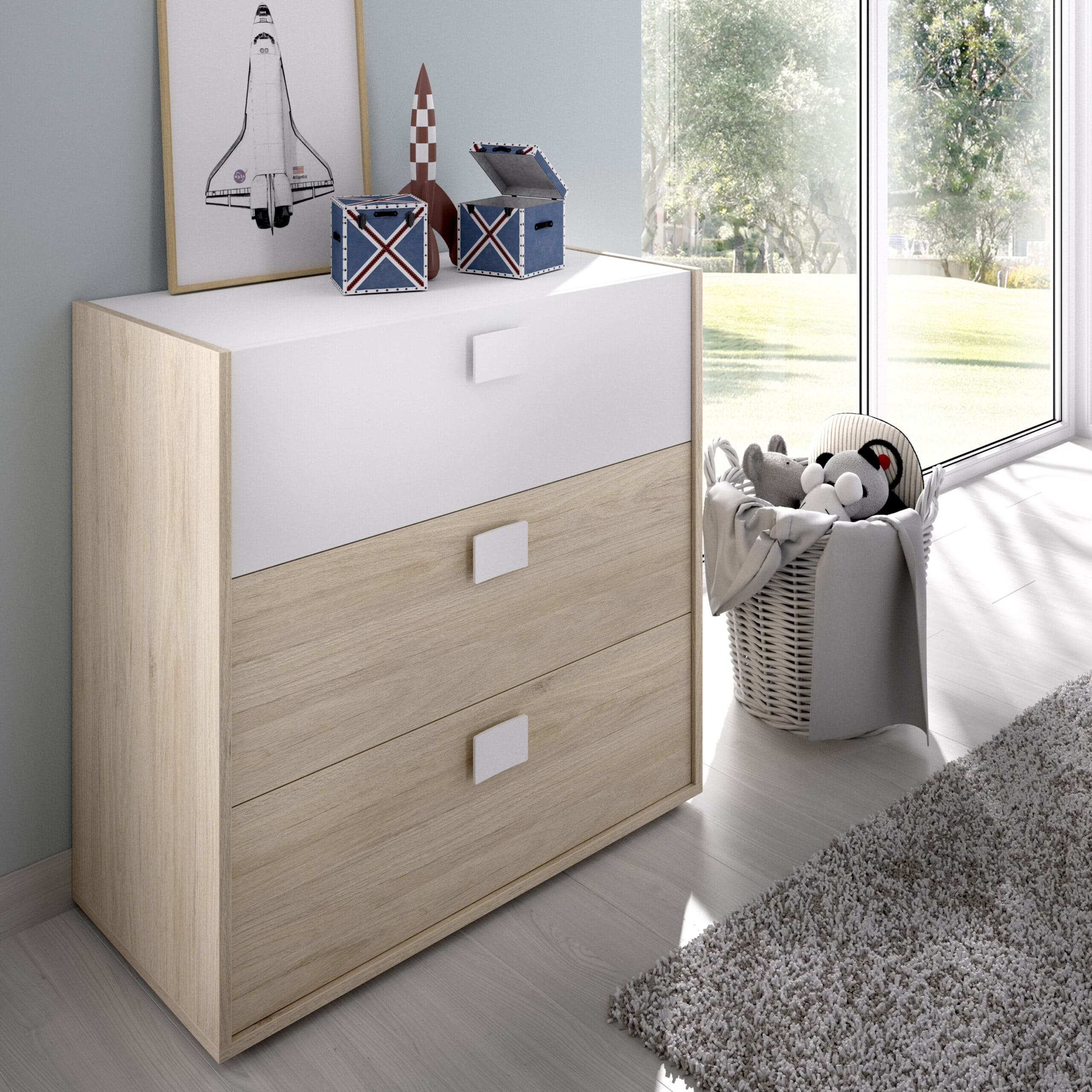 Cómoda con 3 cajones Dina - Natural y Blanco almacenamiento, muebles baratos, atrapamuebles, due home, cajones, dormitorio render