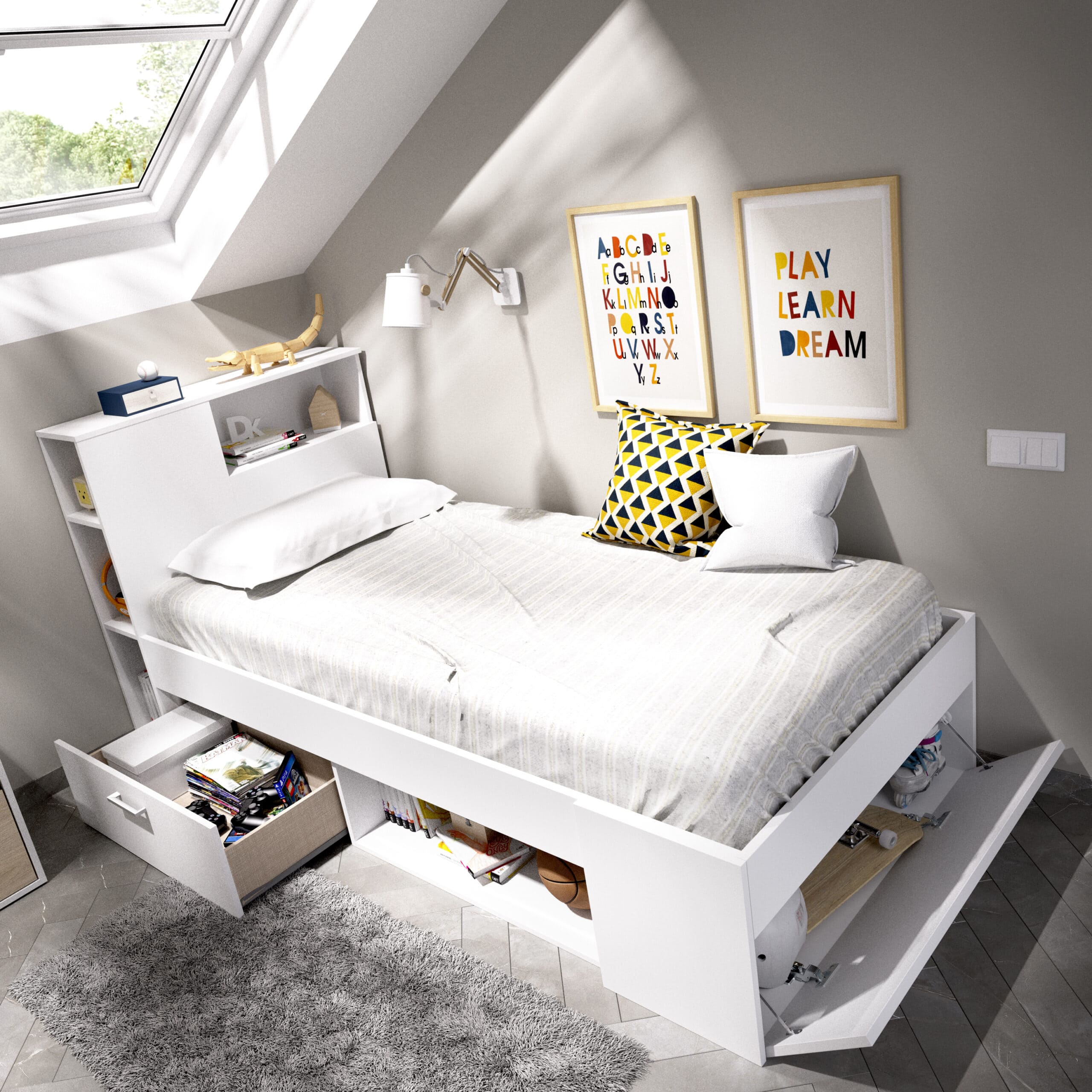 Cama compacta Lanka Almacenaje incluido, cajones, estanterias abierto blanco render