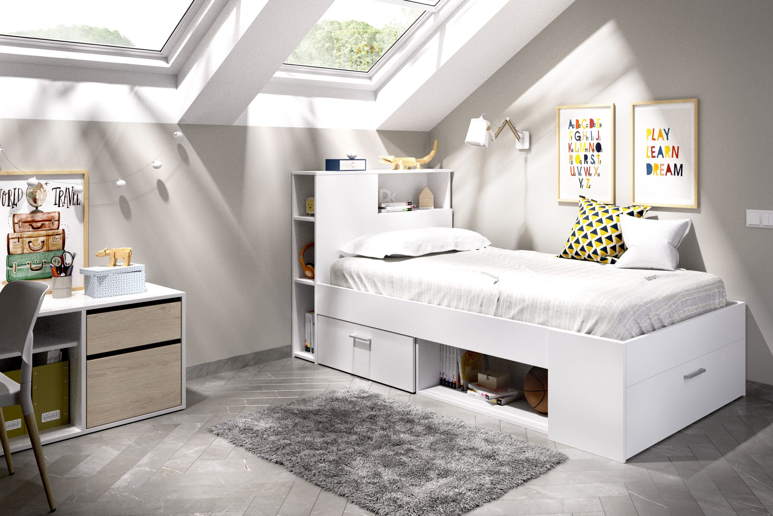 Cama compacta Lanka Almacenaje incluido, cajones, estanterias render blanco