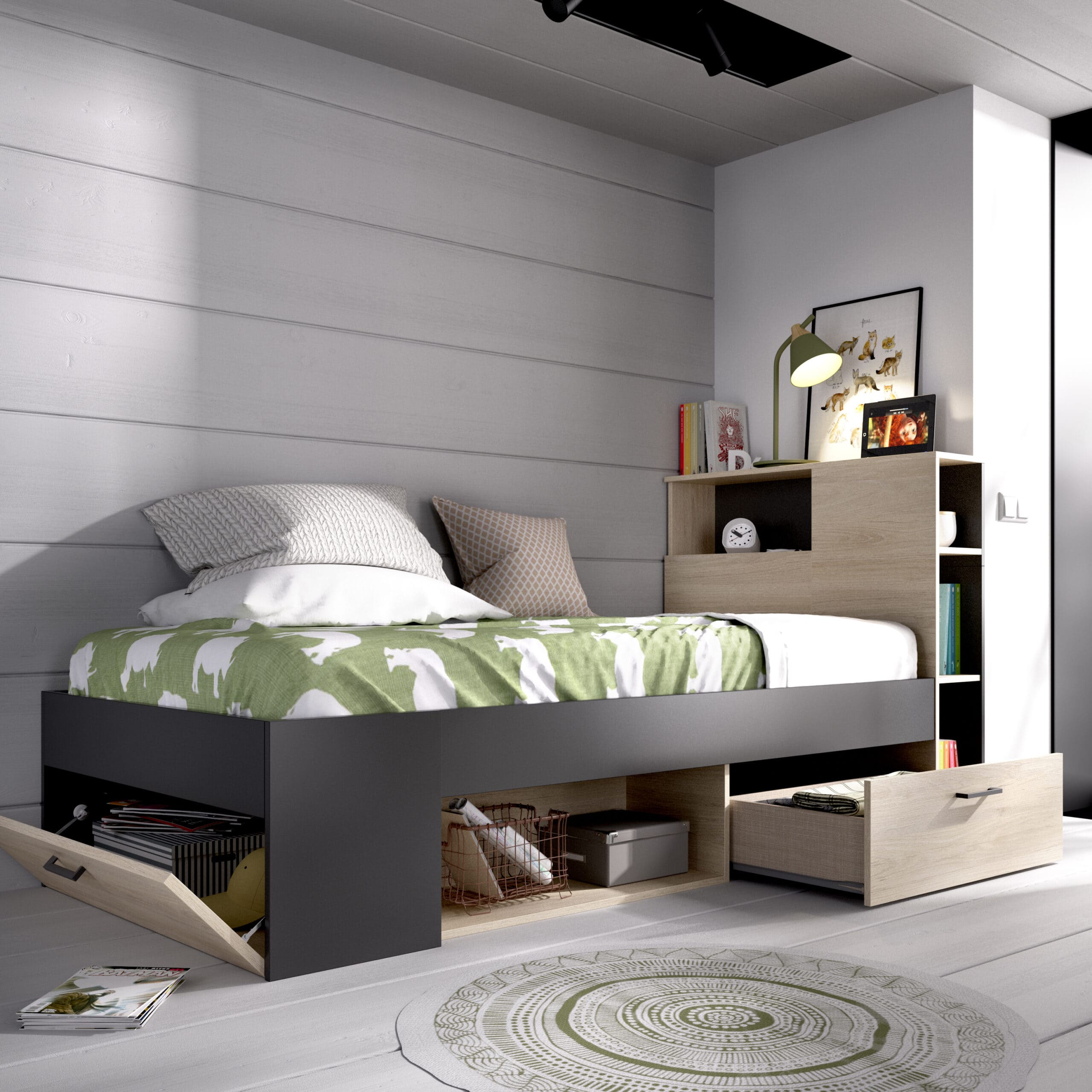 Cama compacta Lanka Almacenaje incluido, cajones, estanterias roble grafito render abierto correcto