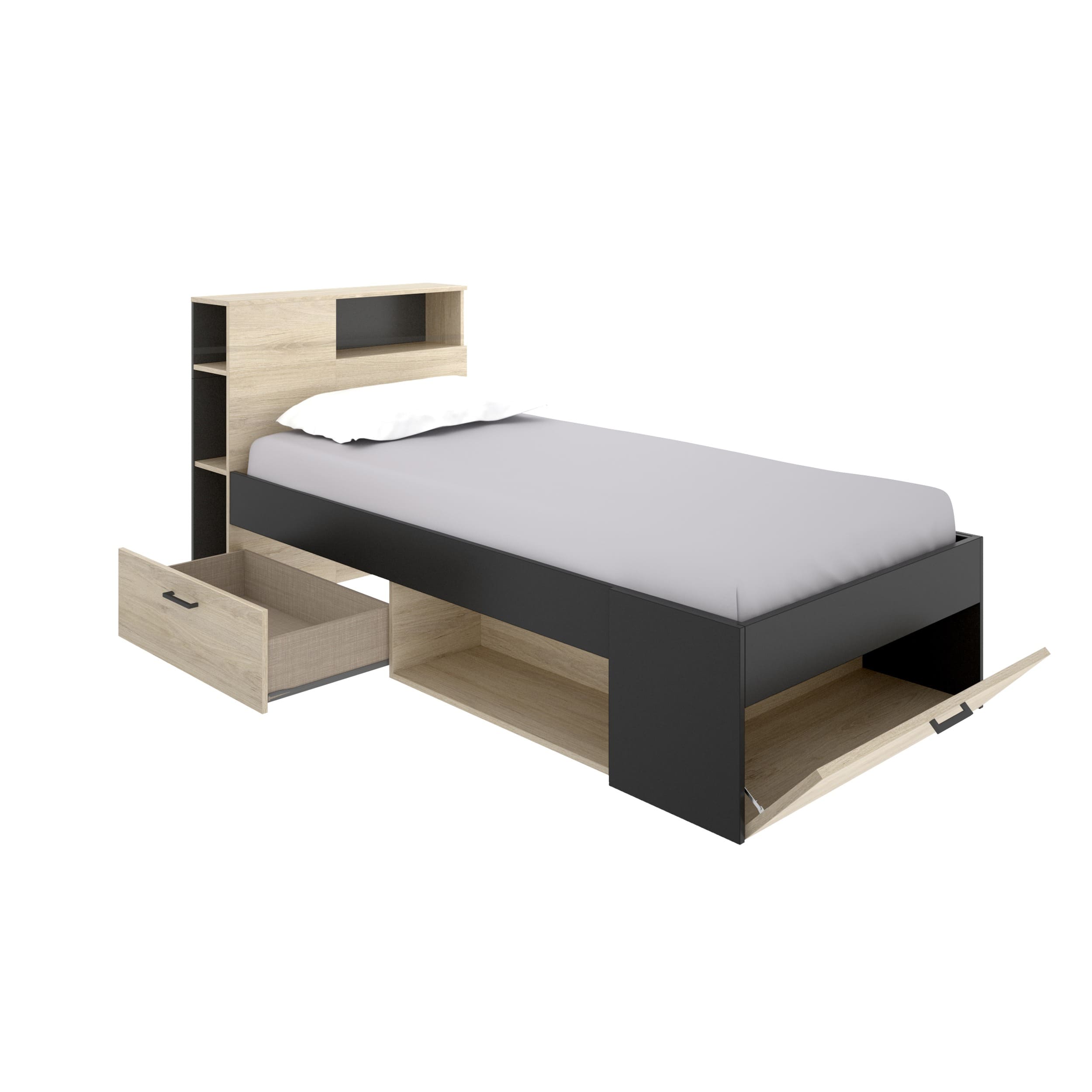 Cama compacta Lanka Almacenaje incluido, cajones, estanterias roble grafito render abierto