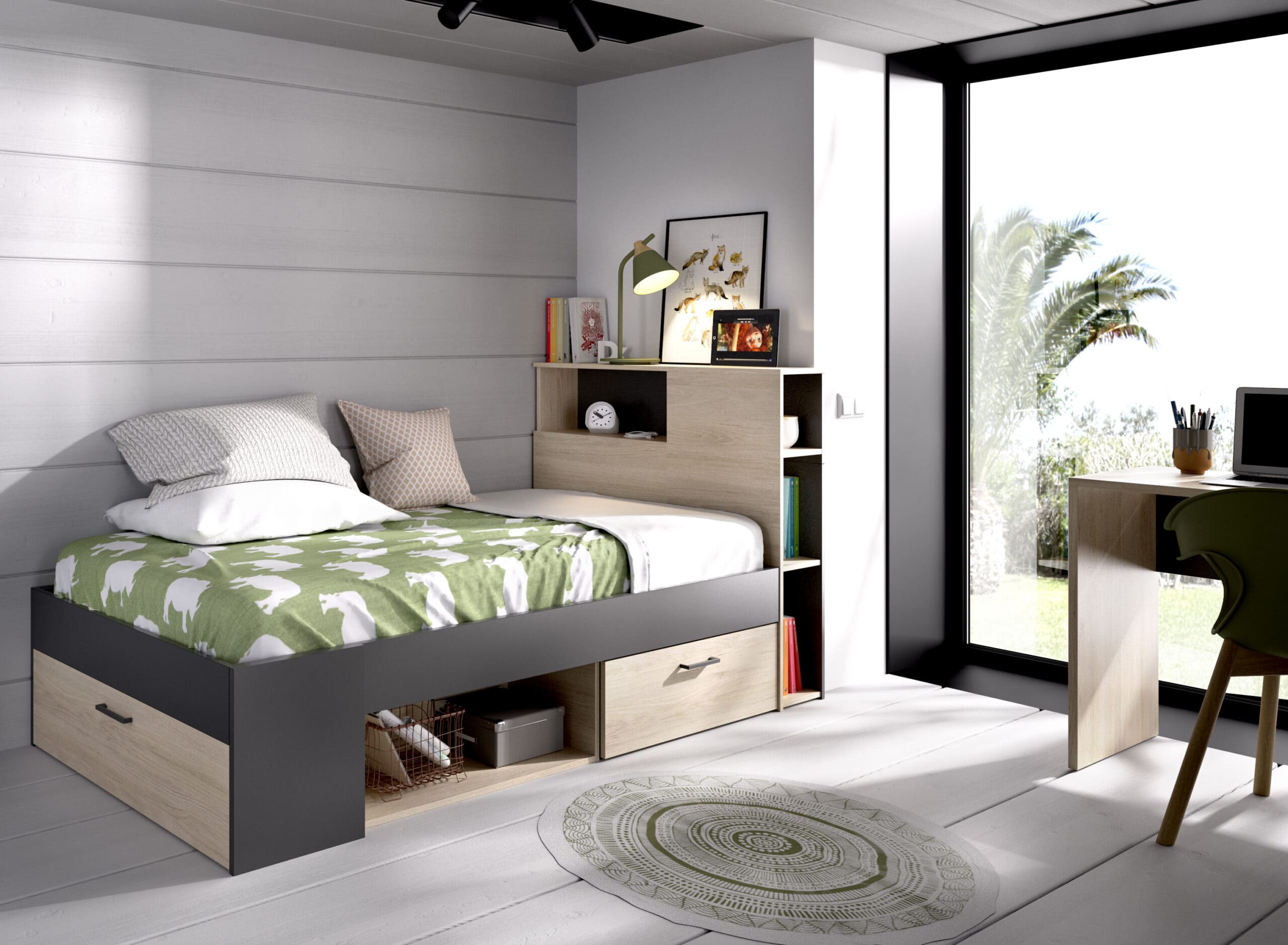 Cama compacta Lanka Almacenaje incluido, cajones, estanterias roble grafito render