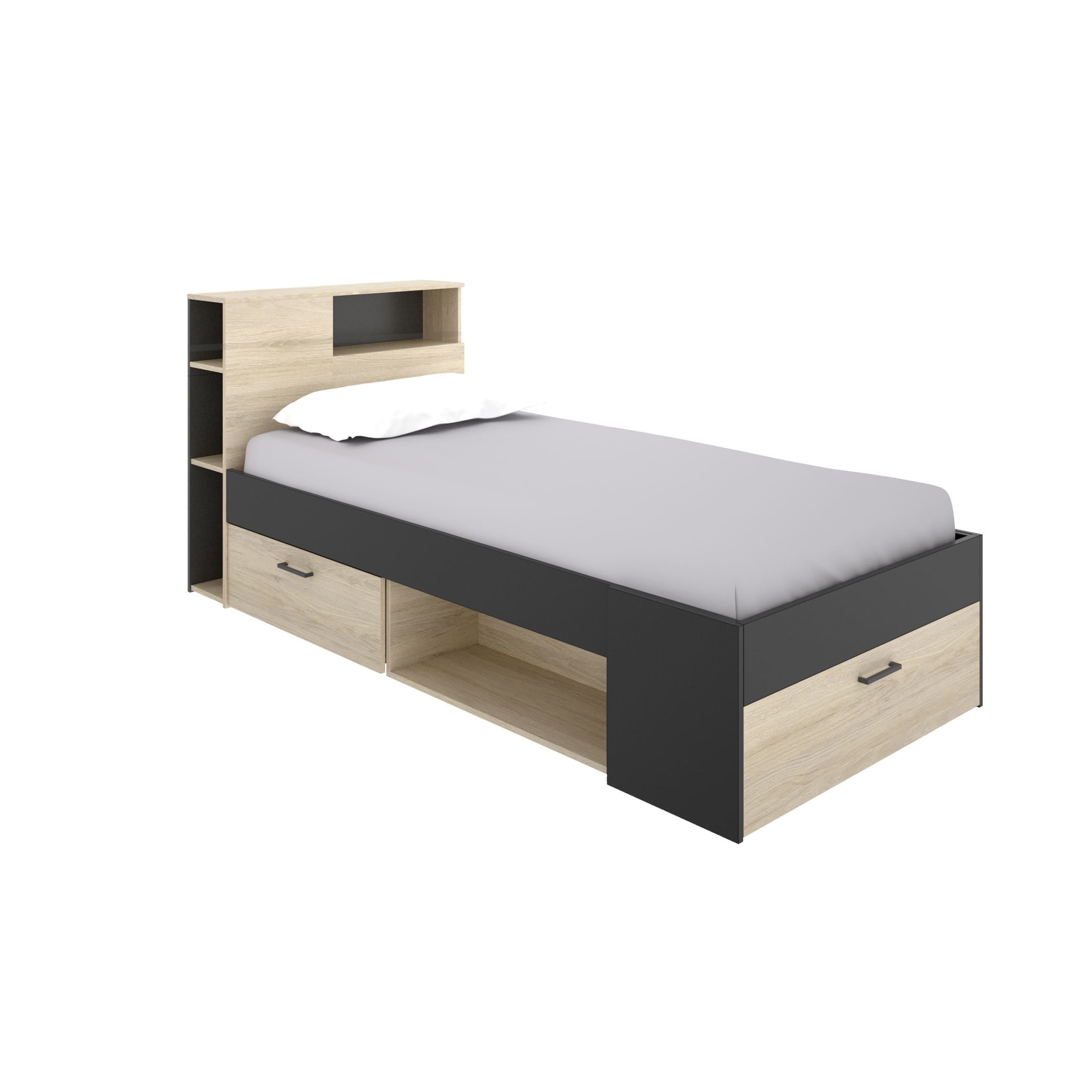 Cama compacta Lanka Almacenaje incluido, cajones, estanterias roble grafito
