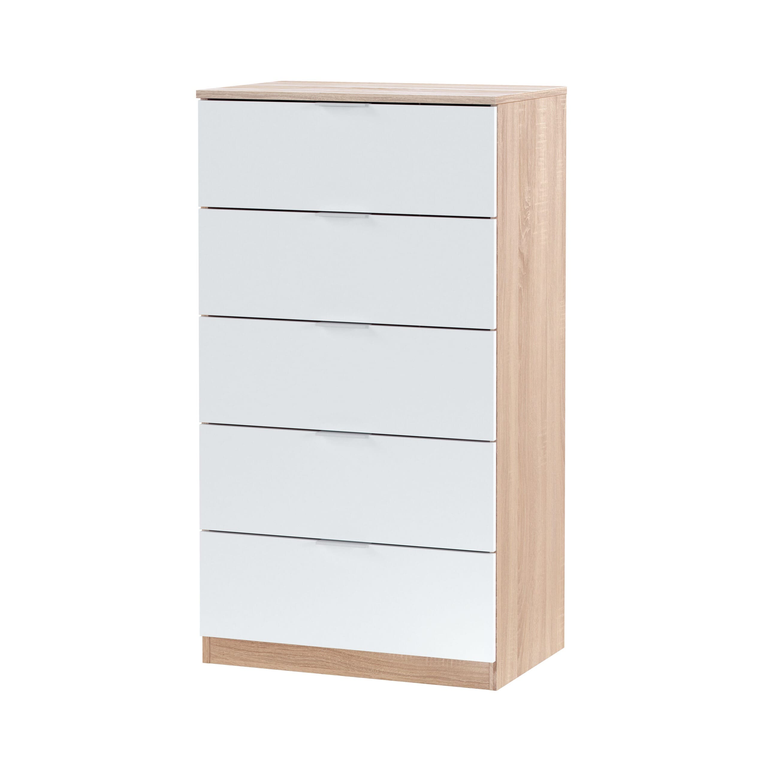 Cómoda 5 cajones Blanco Roble en un fondo blanco