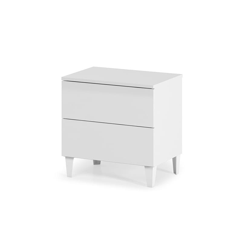 Mesita de dos cajones blanco en un fondo blanco