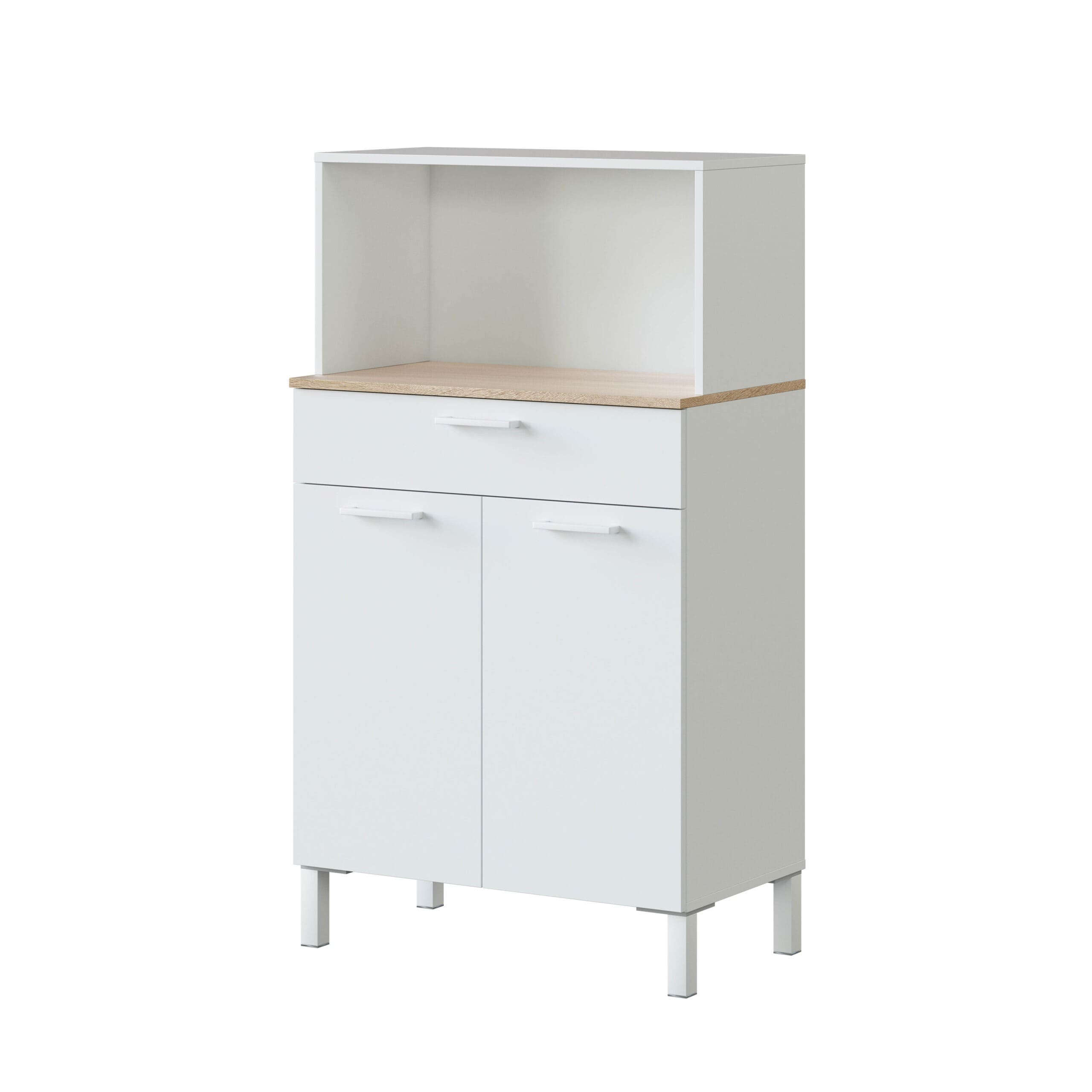 Mueble auxiliar de cocina blanco en un fondo blanco