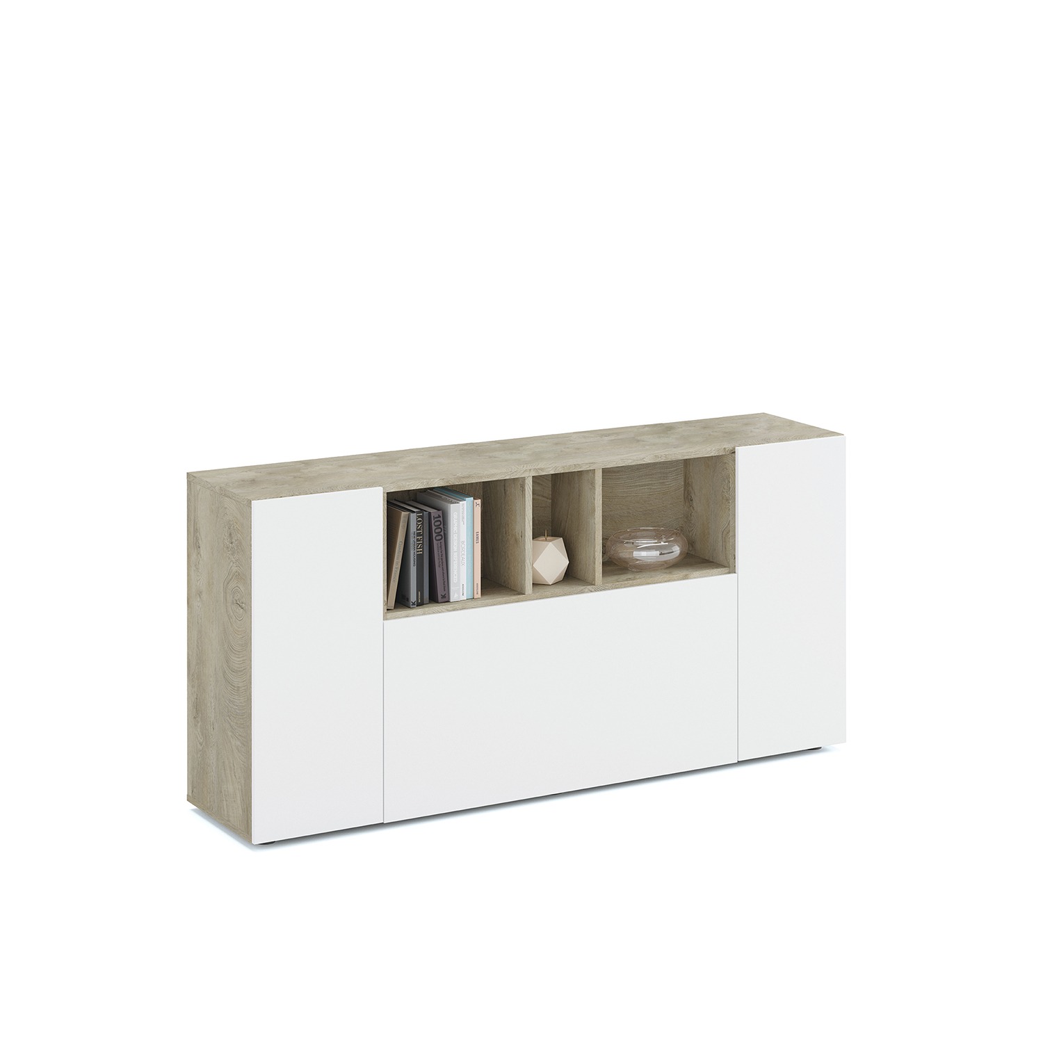 Aparador con 3 puertas blanco y roble, muestra en un fondo blanco.