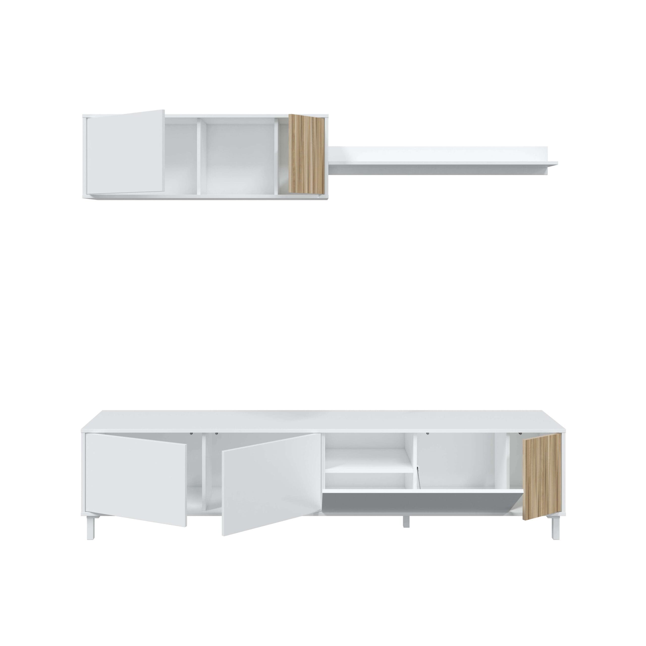 mueble TV blanco y roble, muestra en un fondo en blanco.