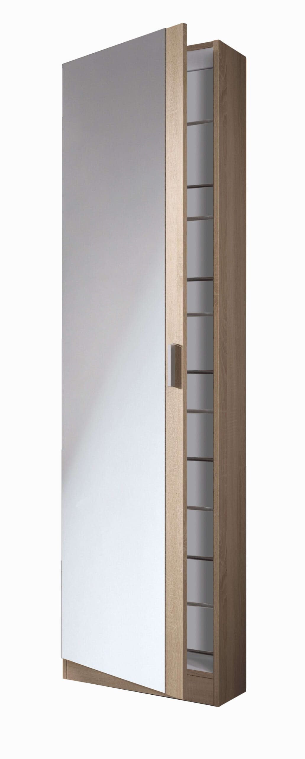 zapatero con 1 puerta y espejo con 2varillas, semi abierto, en un fondo blanco