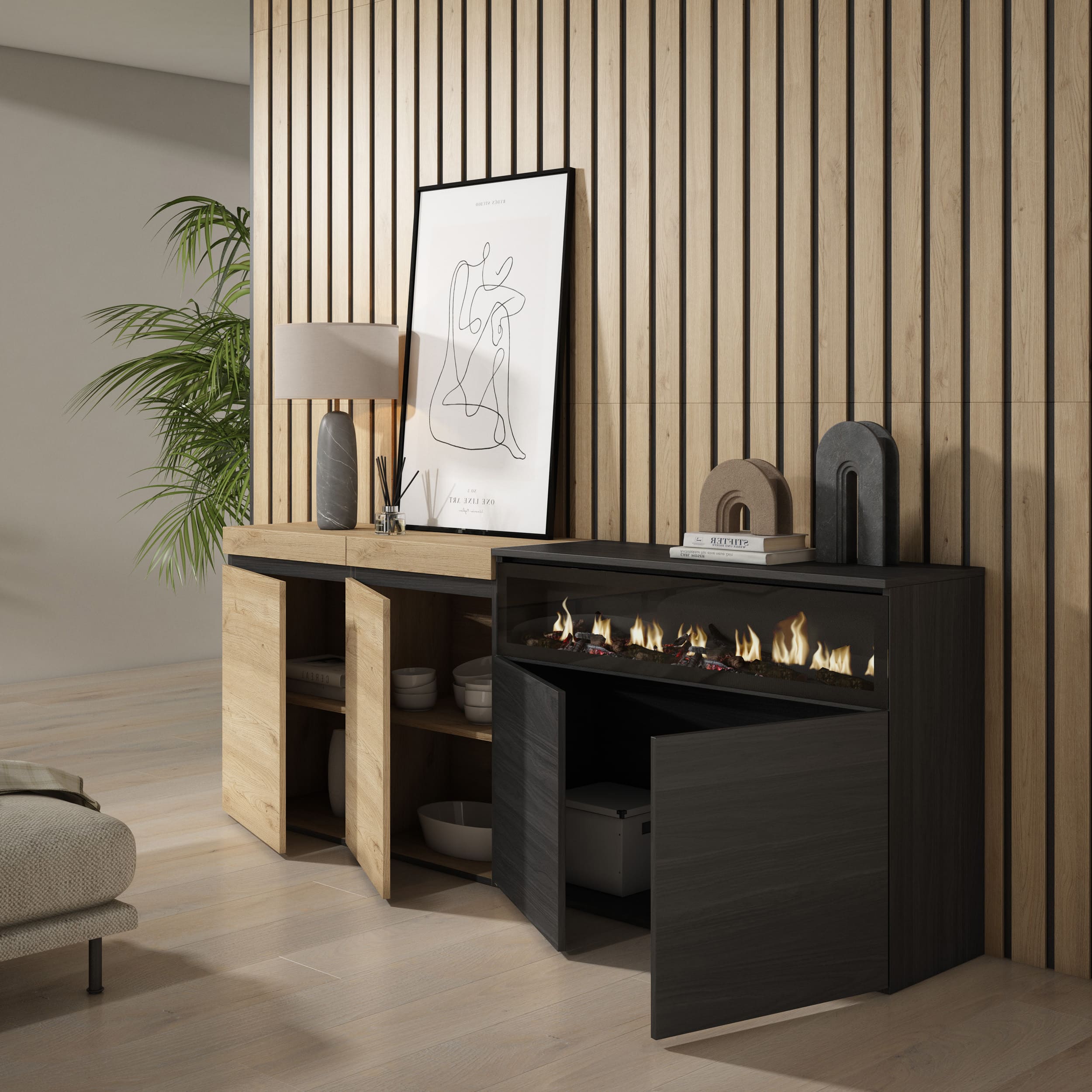 Aparador Suspend moderno con chimenea eléctrica LED 3D – 4 puertas – Diseño industrial – Color Roble-Negro Abierto