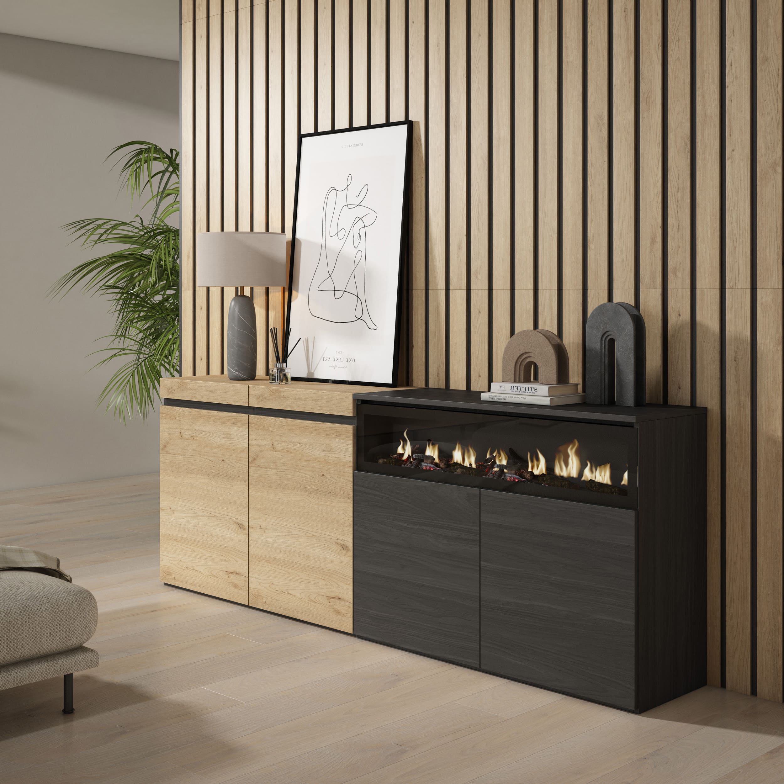 Aparador Suspend moderno con chimenea eléctrica LED 3D – 4 puertas – Diseño industrial – Color Roble-Negro Render