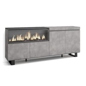 Aparador Industrial 4 Puertas con Chimenea Eléctrica LED Latan – Diseño Cemento y Negro